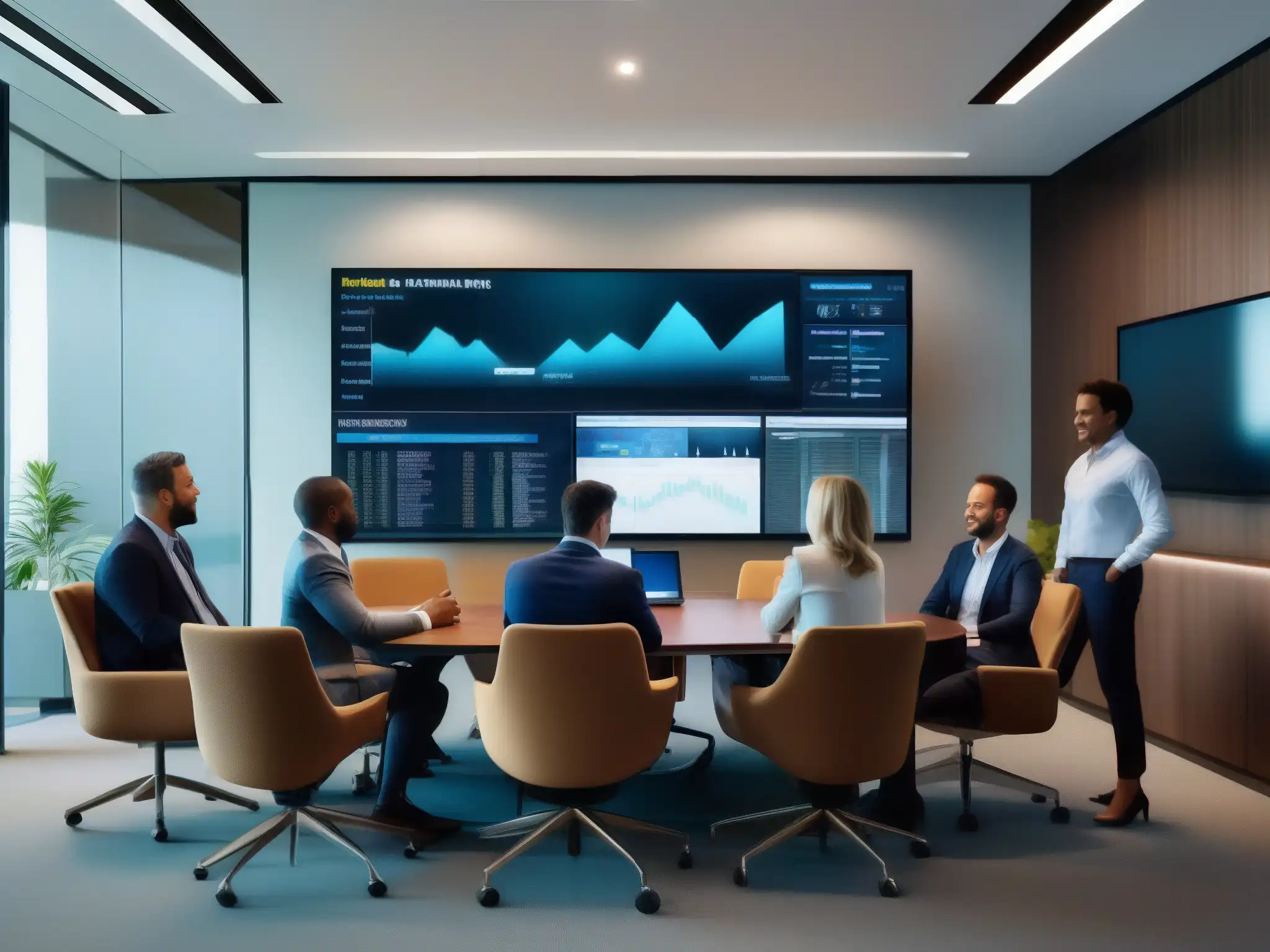 Análisis proactivo de videoconferencias: profesionales evaluando métricas Profesionales evalúan datos de videoconferencias en sala de reuniones moderna