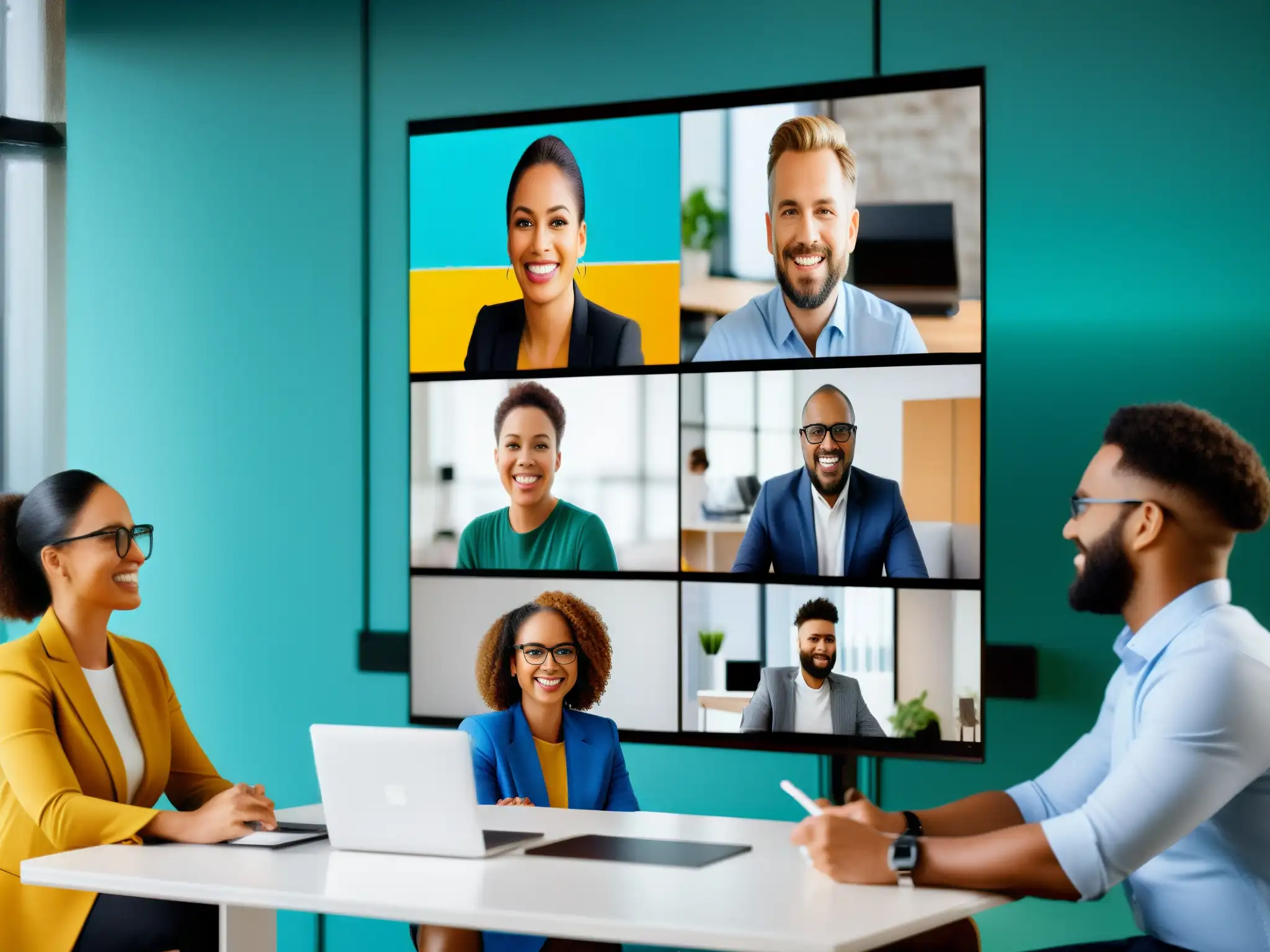 Equipo virtual dinámico: colaboración profesional Profesionales dinámicos de empresas participan entusiastas en actividad de equipo virtual, mostrando colaboración y productividad