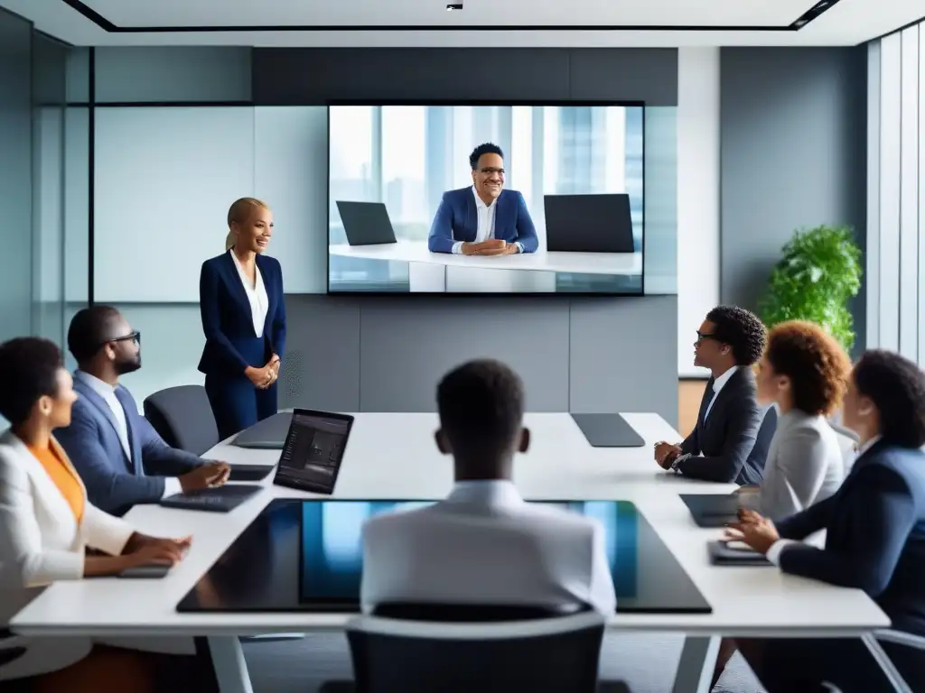 Videoconferencia de profesionales dinámicos con tecnología innovadora Profesionales dinámicos en videoconferencia, innovación en tecnología para profesionales