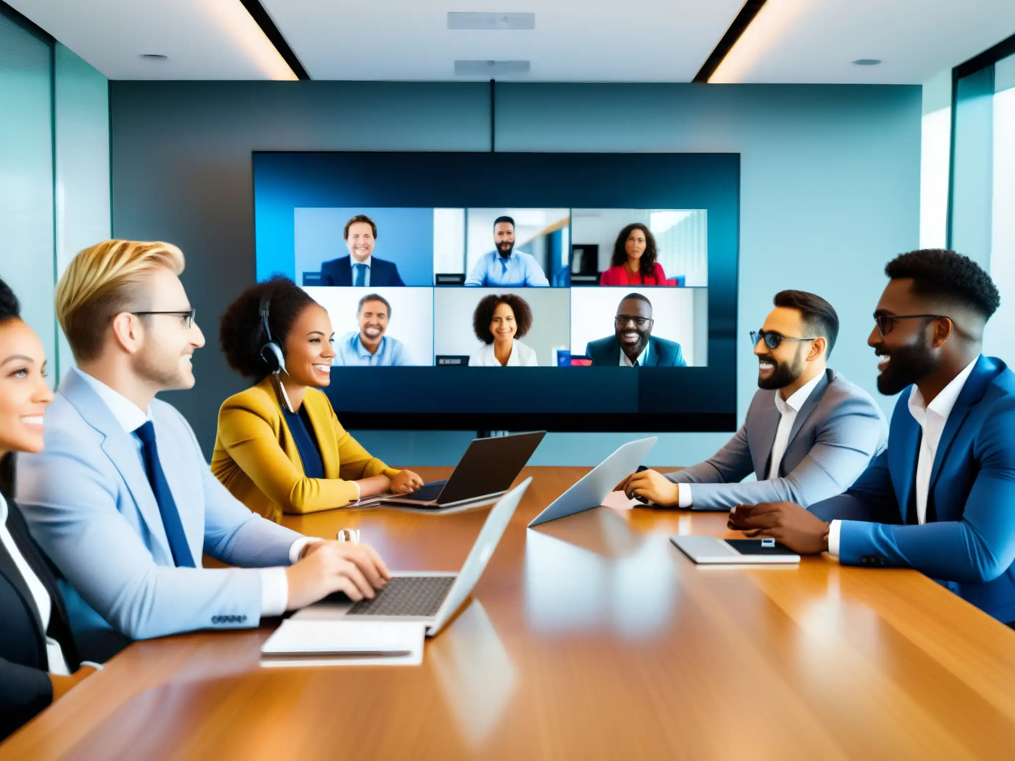 Profesionales en videoconferencia: seguridad y eficiencia Profesionales diversas usan herramientas de videoconferencia comparativas en una reunión virtual de alto nivel