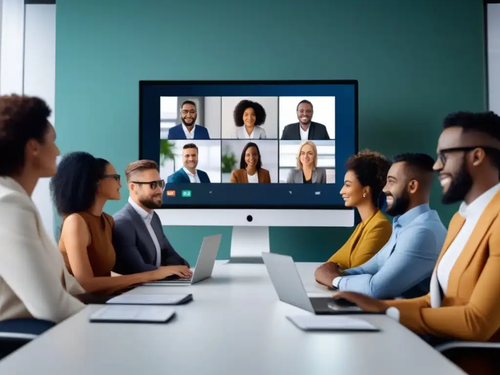 Reunión virtual personalizada: profesionales con interfaces únicas Profesionales diversas personalizan interfaces en videoconferencia, realzando la experiencia y productividad