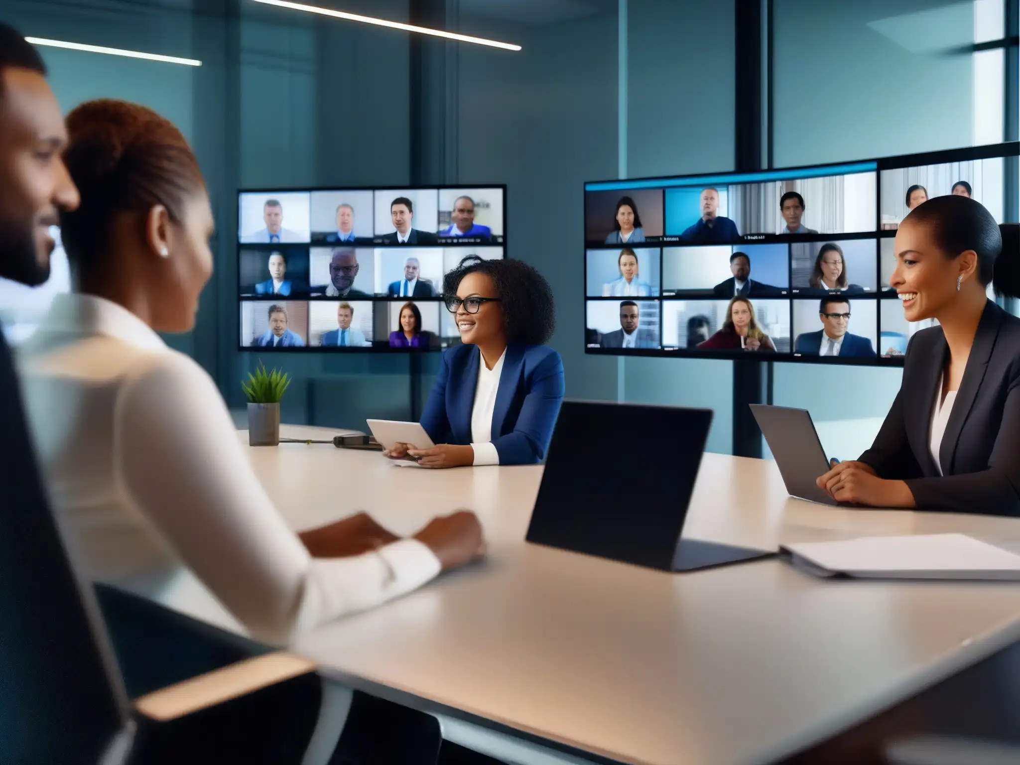 Profesionales diversos en reunión virtual en oficina moderna Profesionales diversas en una moderna oficina, participando en una videoconferencia