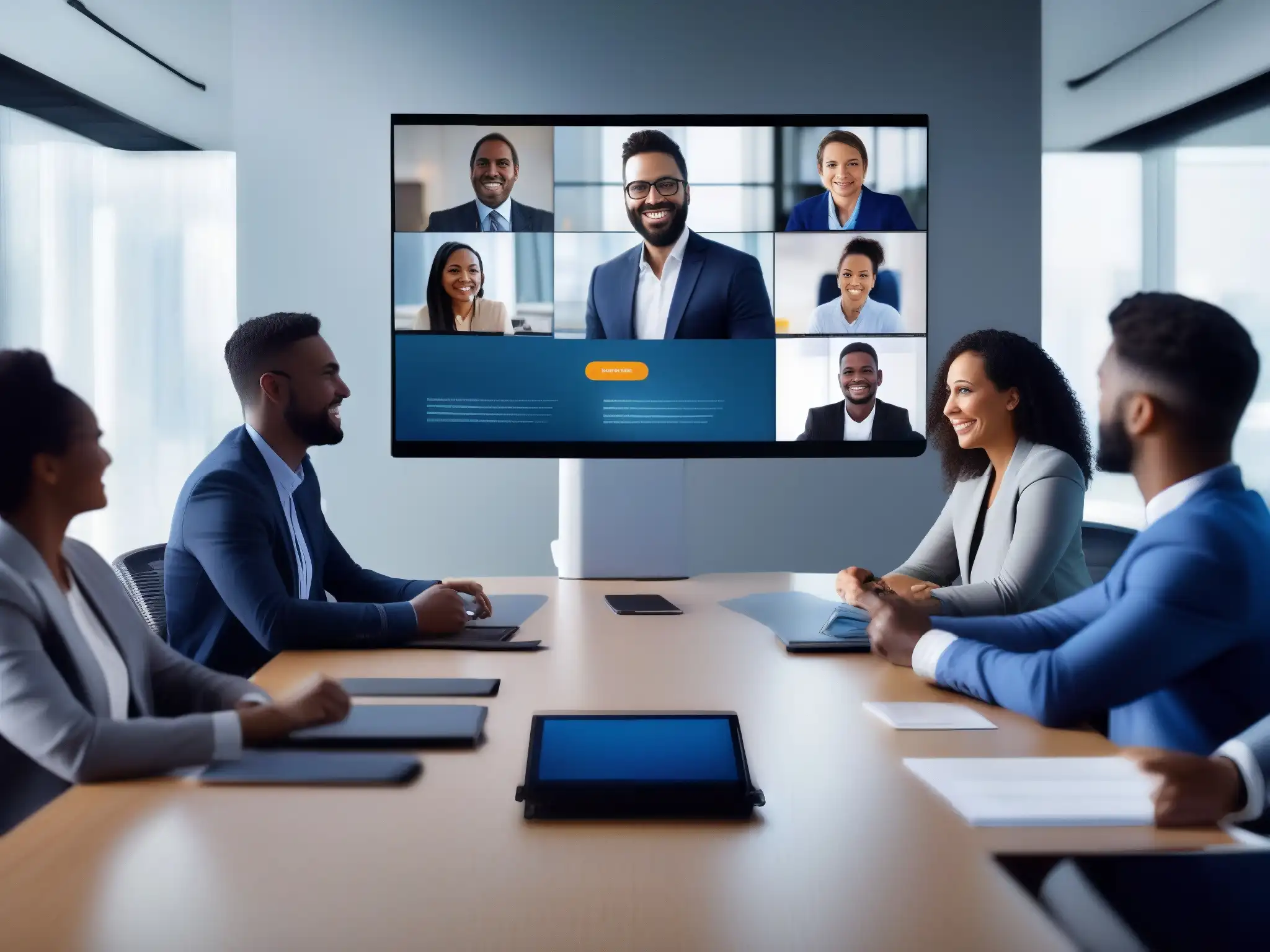 Reunión virtual de profesionales: colaboración eficiente Profesionales diversas en reunión por videoconferencia, con interfaz moderna y colaborativa