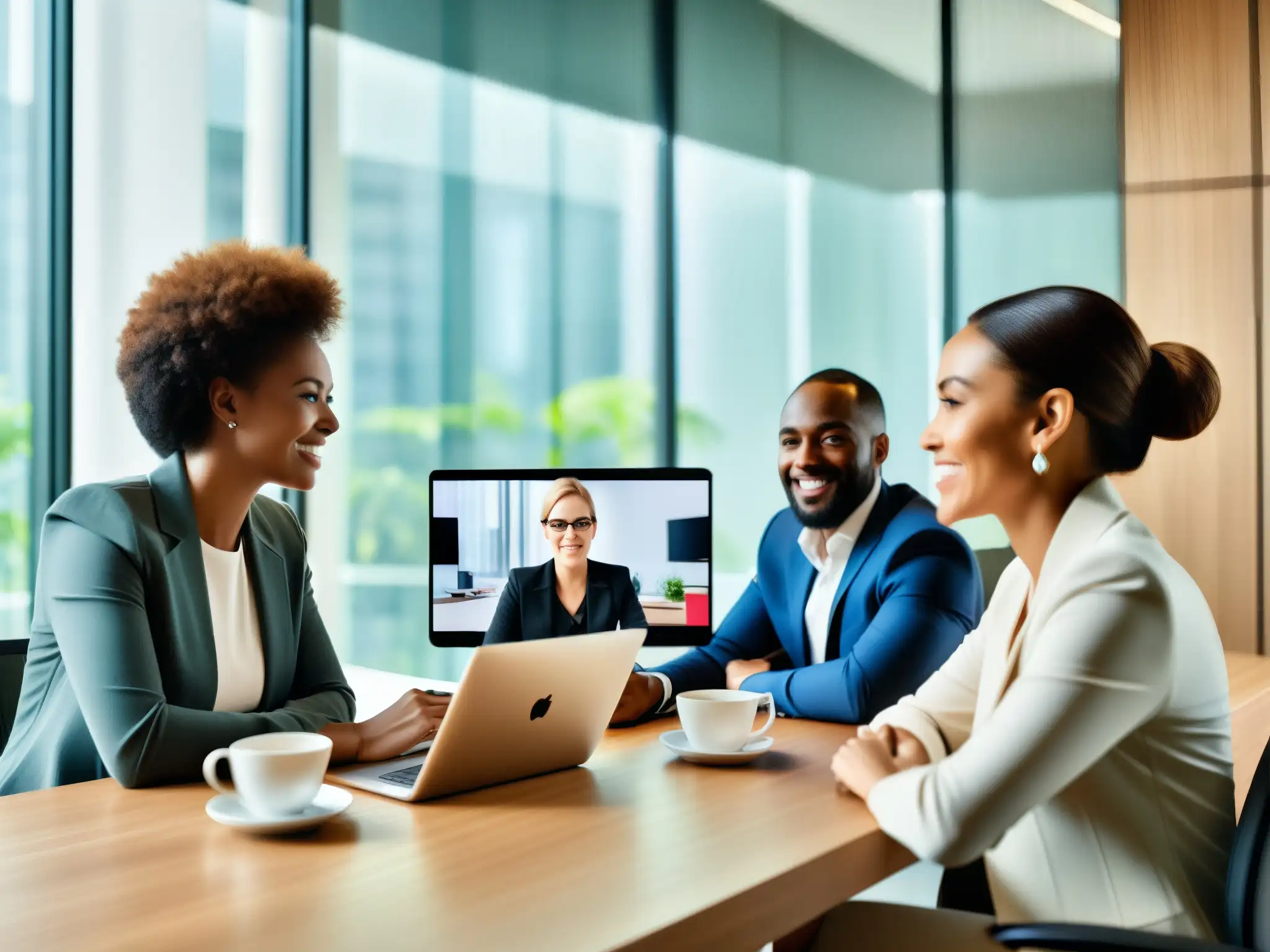 Videoconferencia profesional: colaboración segura y eficiente Profesionales diversas en reunión virtual en sala luminosa