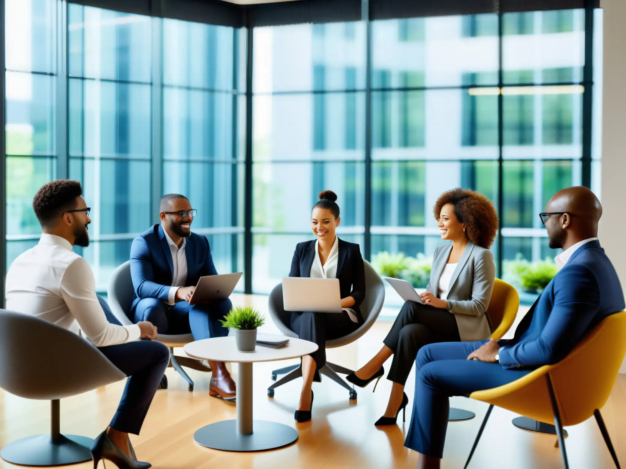 Reunión virtual de profesionales en espacio moderno Profesionales diversas en una reunión virtual, colaboración y modernidad en tendencias videoconferencias trabajo remoto