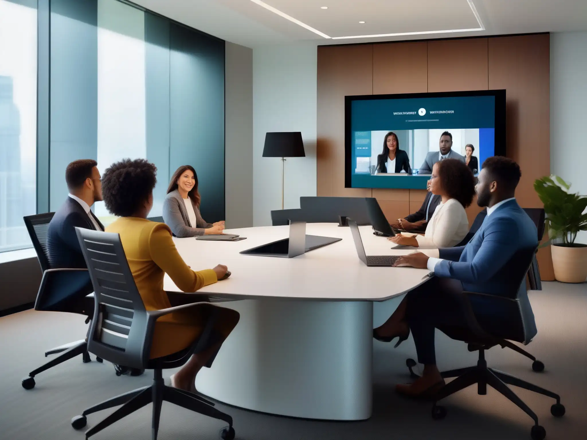 Videoconferencia de alta calidad con profesionales diversos en sala moderna Profesionales diversas en videoconferencia de alta calidad en una sala moderna con luz natural