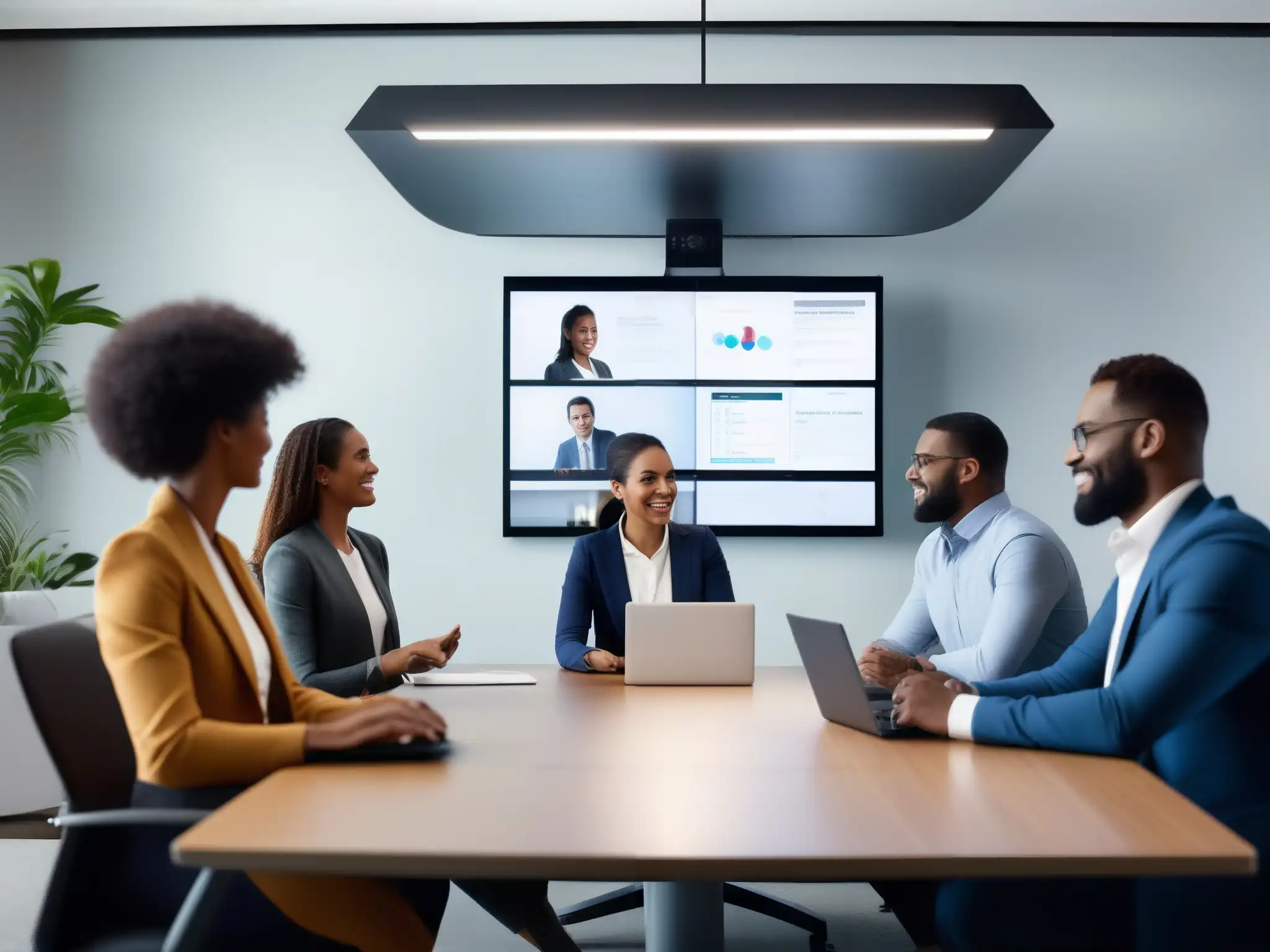 Profesionales diversos en videoconferencia Profesionales diversas en videoconferencia, interactuando con una herramienta de diseño moderno y usabilidad en videoconferencia