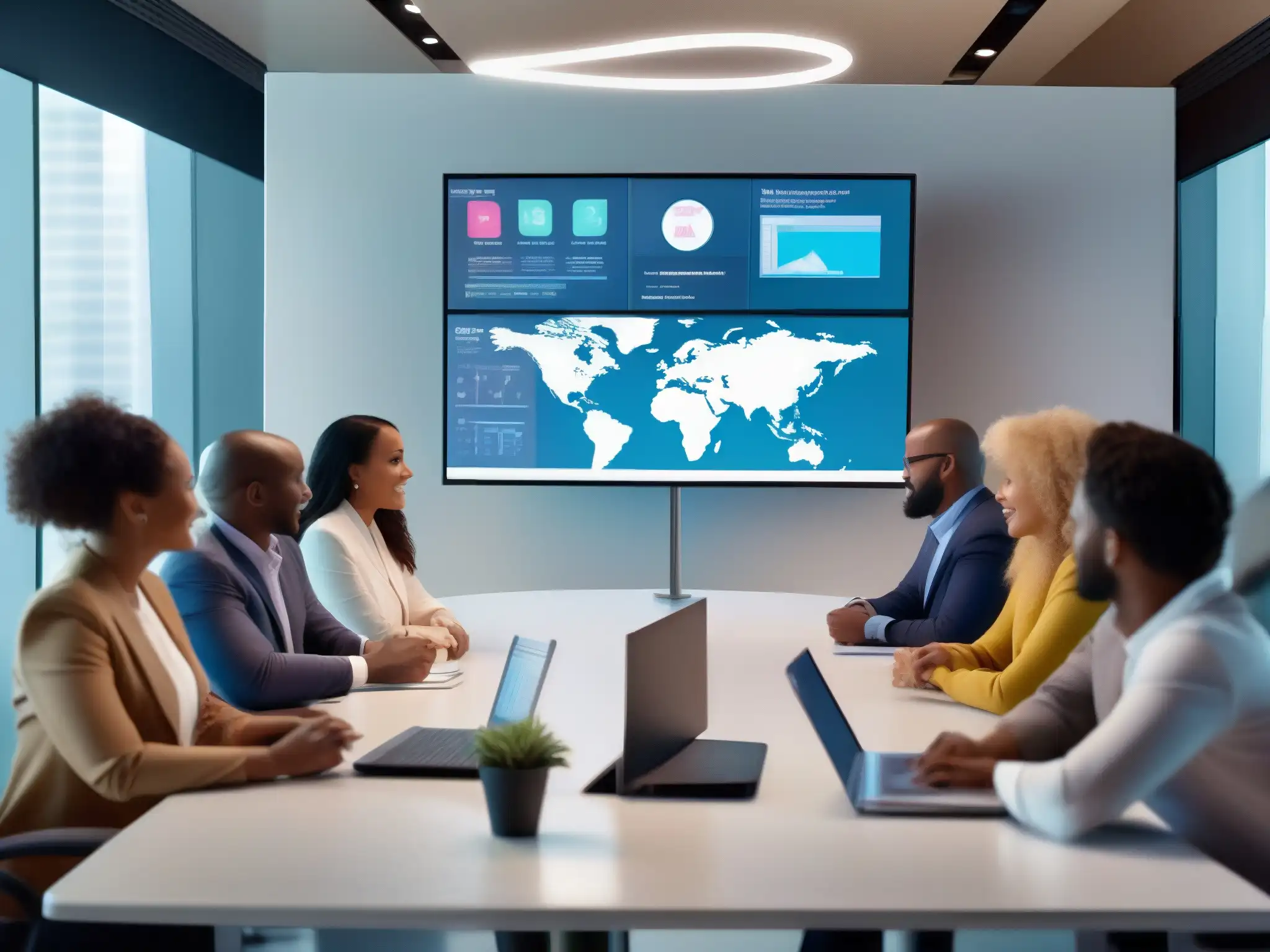 Reunión virtual dinámica: profesionales colaborando con ideas Profesionales diversas participan activamente en una videoconferencia, utilizando herramientas para facilitar la interacción
