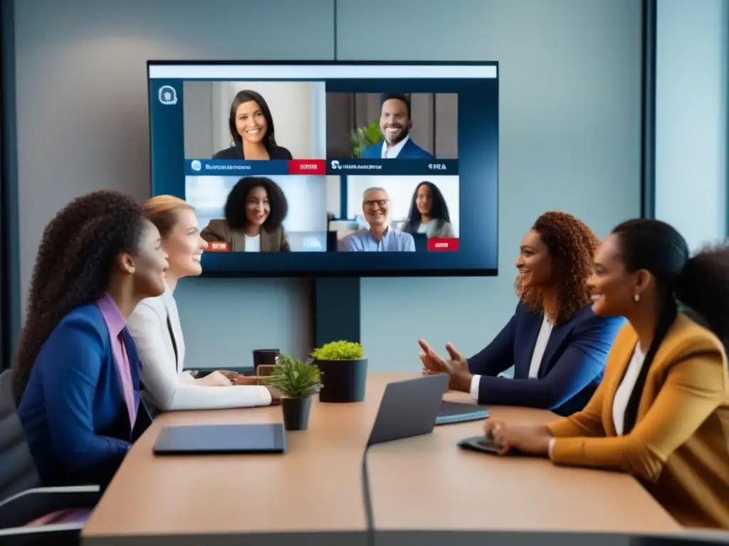 Reunión inclusiva: Diversidad y colaboración en videoconferencia Profesionales diversas participan en una videoconferencia inclusiva, con tecnología adaptada para videoconferencias inclusivas
