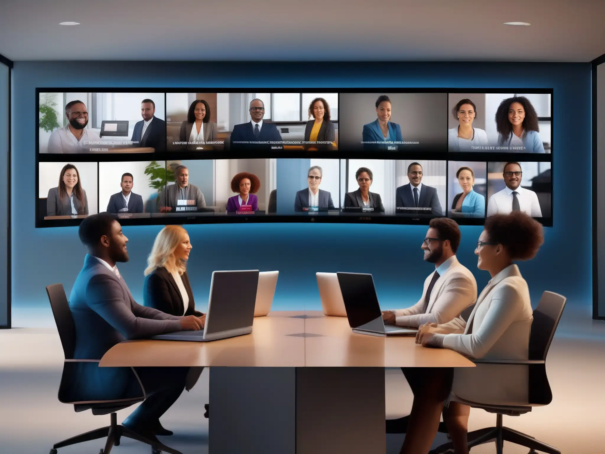 Videoconferencia profesional e integradora: diversidad en acción Profesionales diversas en videoconferencia con mejoras seguridad videoconferencias protocolos, comunicación eficiente y estética moderna