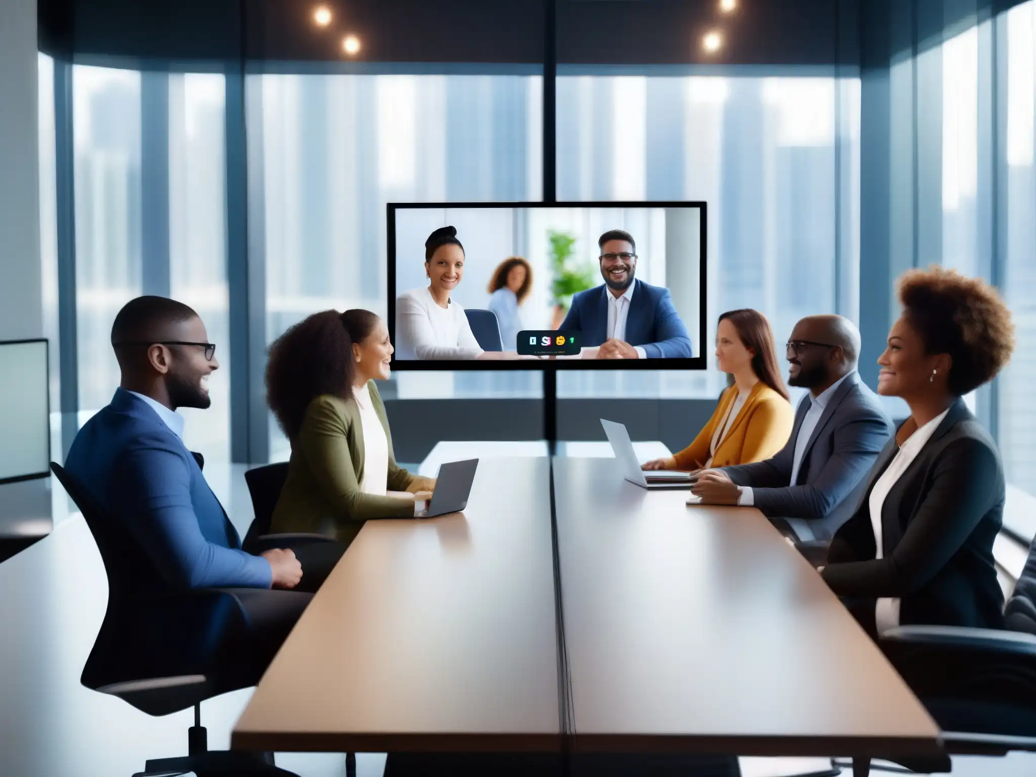 Conferencia virtual de profesionales innovadores Profesionales diversas participan activamente en una videoconferencia en un moderno espacio de oficina