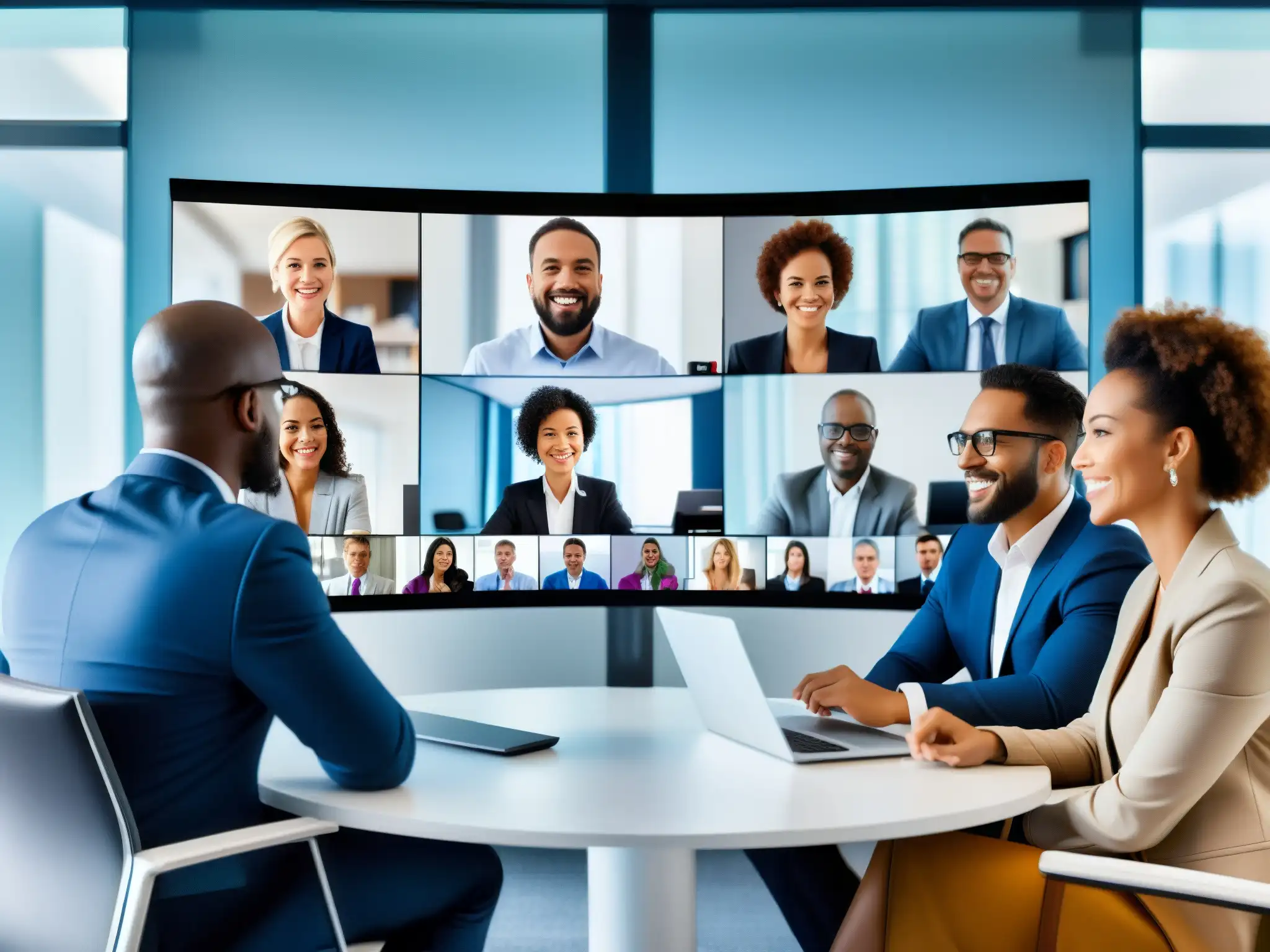 Profesionales colaborando en videoconferencia segura Profesionales diversas colaboran en una videoconferencia segura, siguiendo las mejores prácticas seguridad videoconferencias