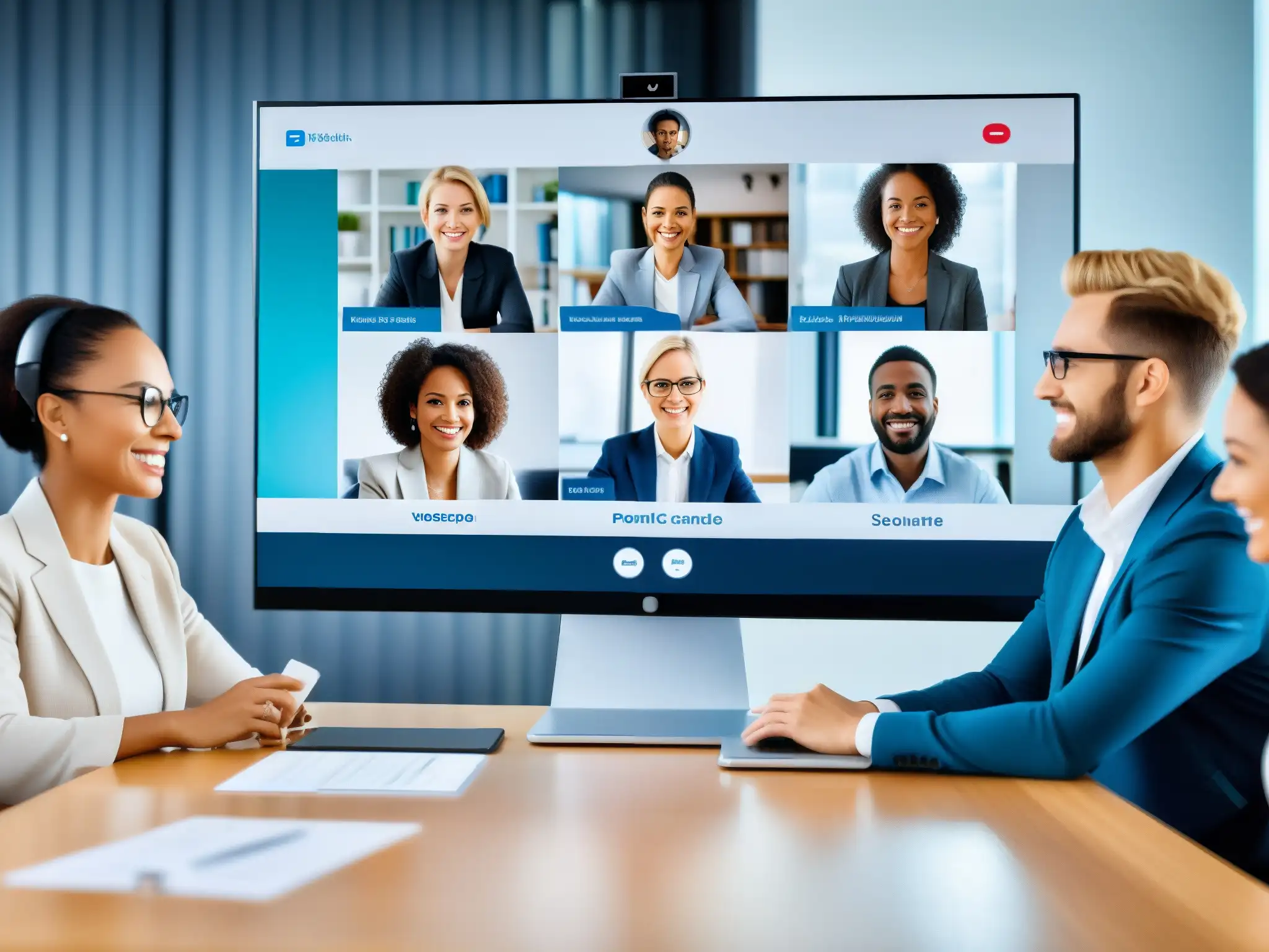 Profesionales diversas en videoconferencia segura y de alta calidad, utilizando herramientas de pago