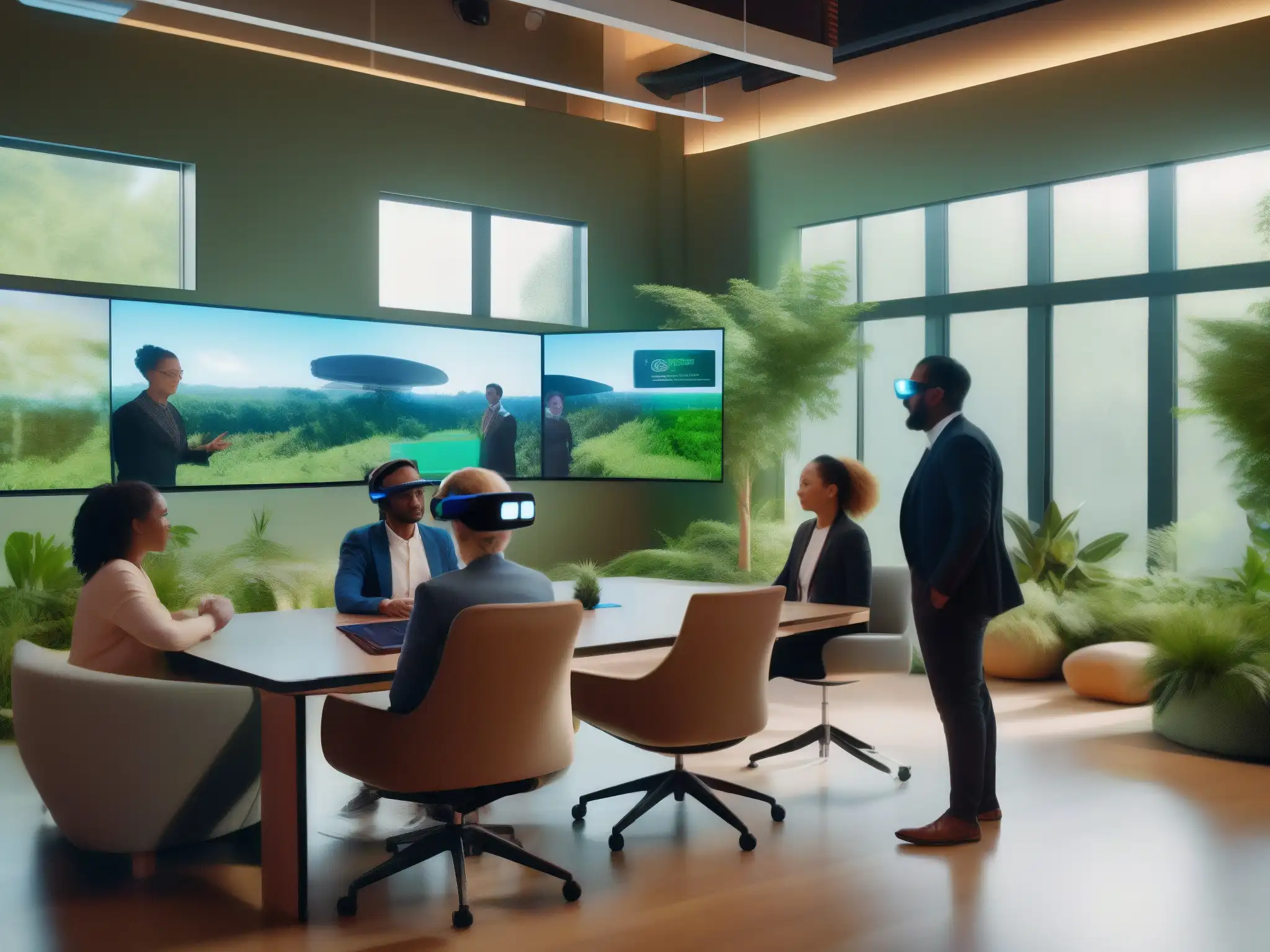 Videoconferencia sostenible con realidad virtual y tecnología eco Profesionales diversificados en conferencia ecoamigable, con realidad virtual y tecnología sostenible