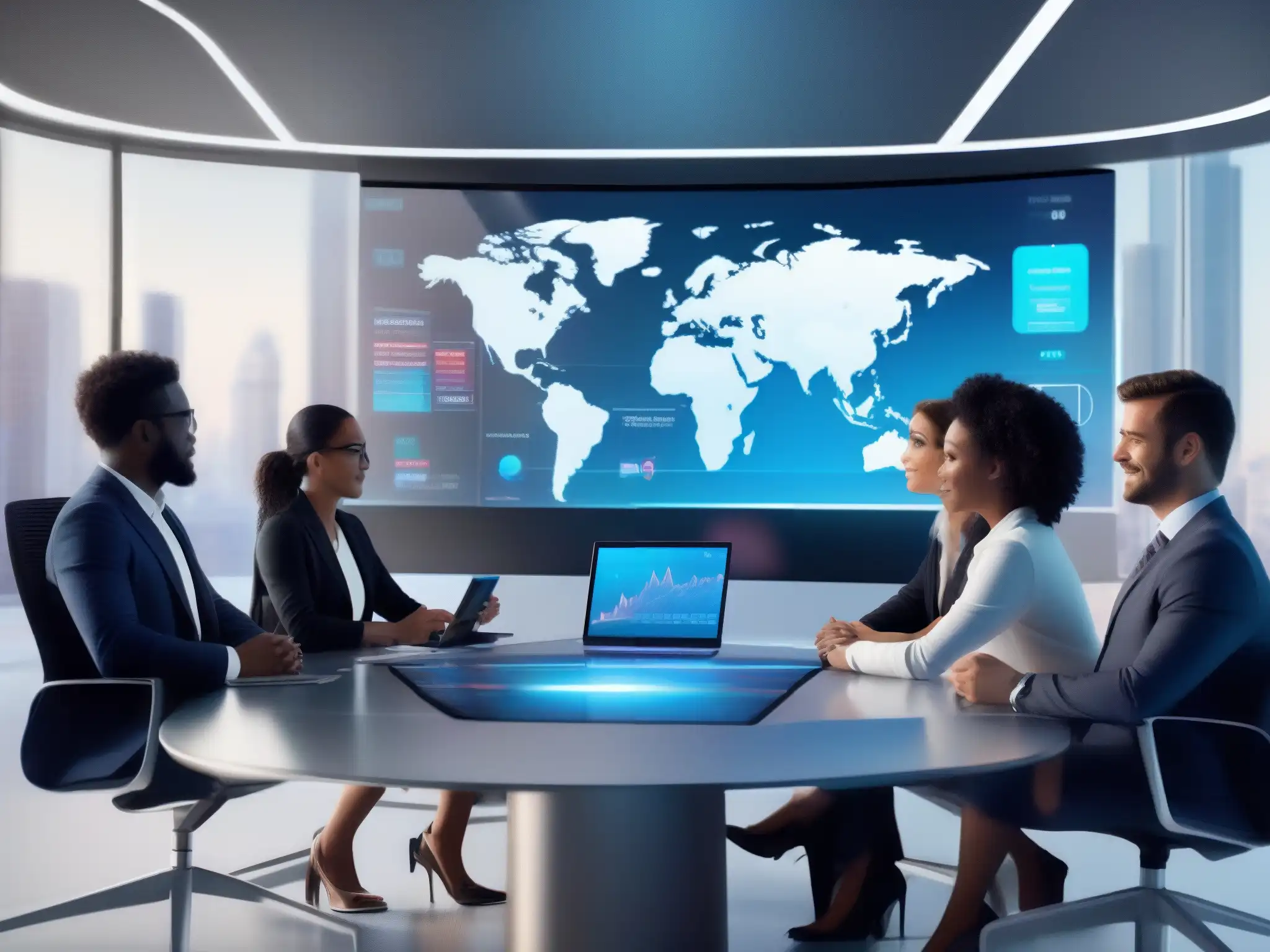 Equipo diverso colaborando en plataforma virtual avanzada Profesionales diversificados colaborando en un espacio virtual innovador, promoviendo empresas productividad dinámicas equipo virtuales