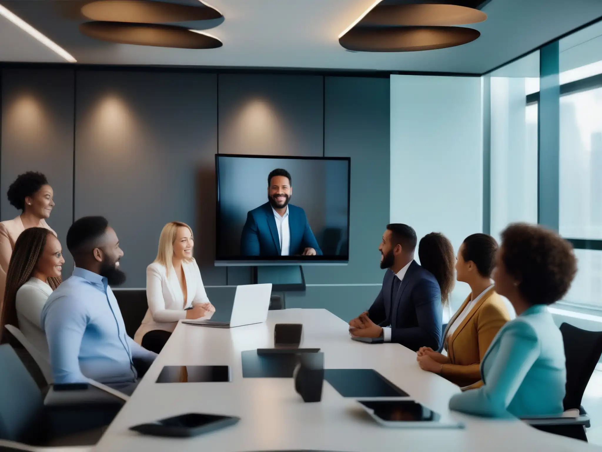 Profesionales comprometidos en una videoconferencia exitosa Profesionales diversificados disfrutan de una exitosa videoconferencia, mostrando satisfacción y compromiso en una moderna sala de reuniones