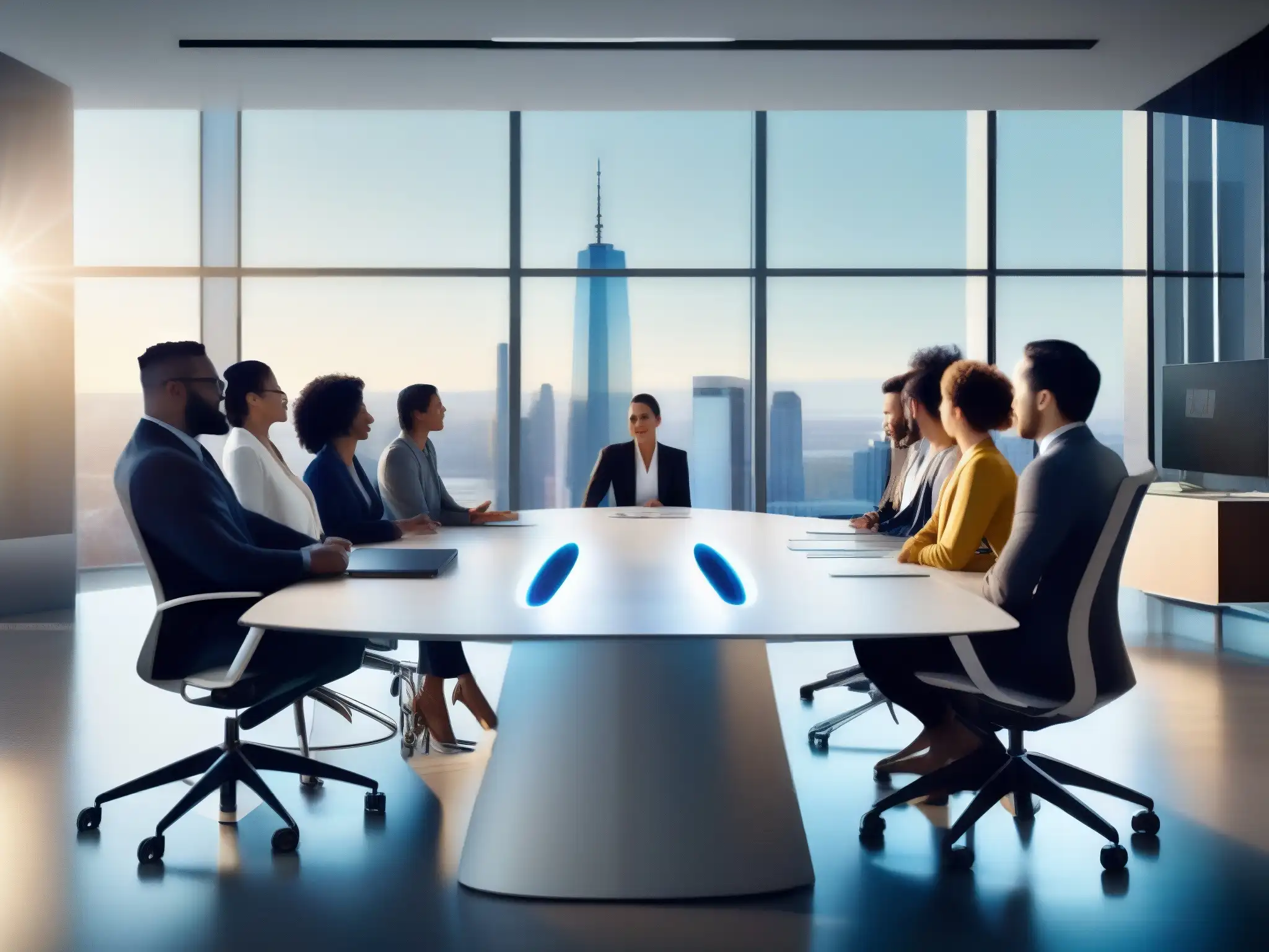 Reunión de profesionales en espacio de trabajo moderno Profesionales diversificados intercambian ideas en videoconferencia en una oficina moderna, con vistas a la ciudad
