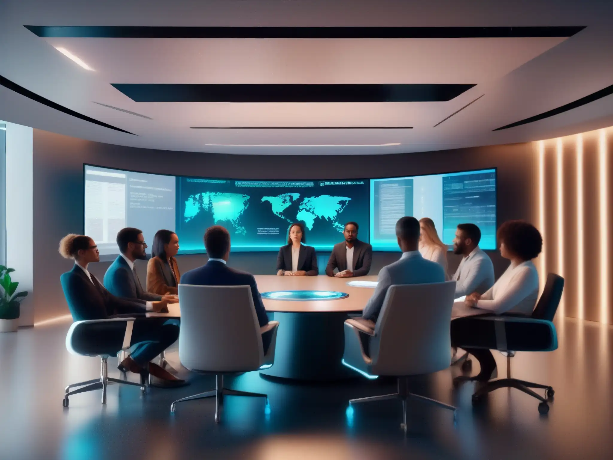 Videoconferencia multilingüe con hologramas de traducción instantánea Profesionales diversificados usan integración de inteligencia artificial en videoconferencias con pantallas holográficas de traducción