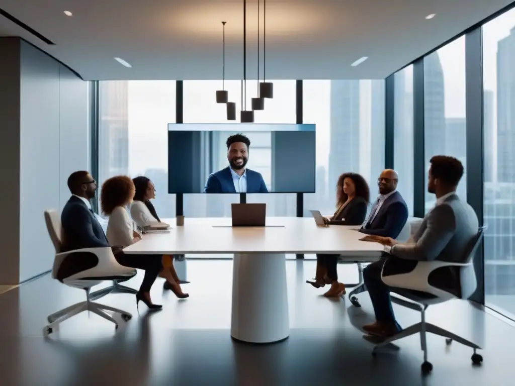 Reunión de profesionales en oficina moderna Profesionales diversificados en una oficina moderna participan en una videoconferencia, transmitiendo una atmósfera de innovación y colaboración