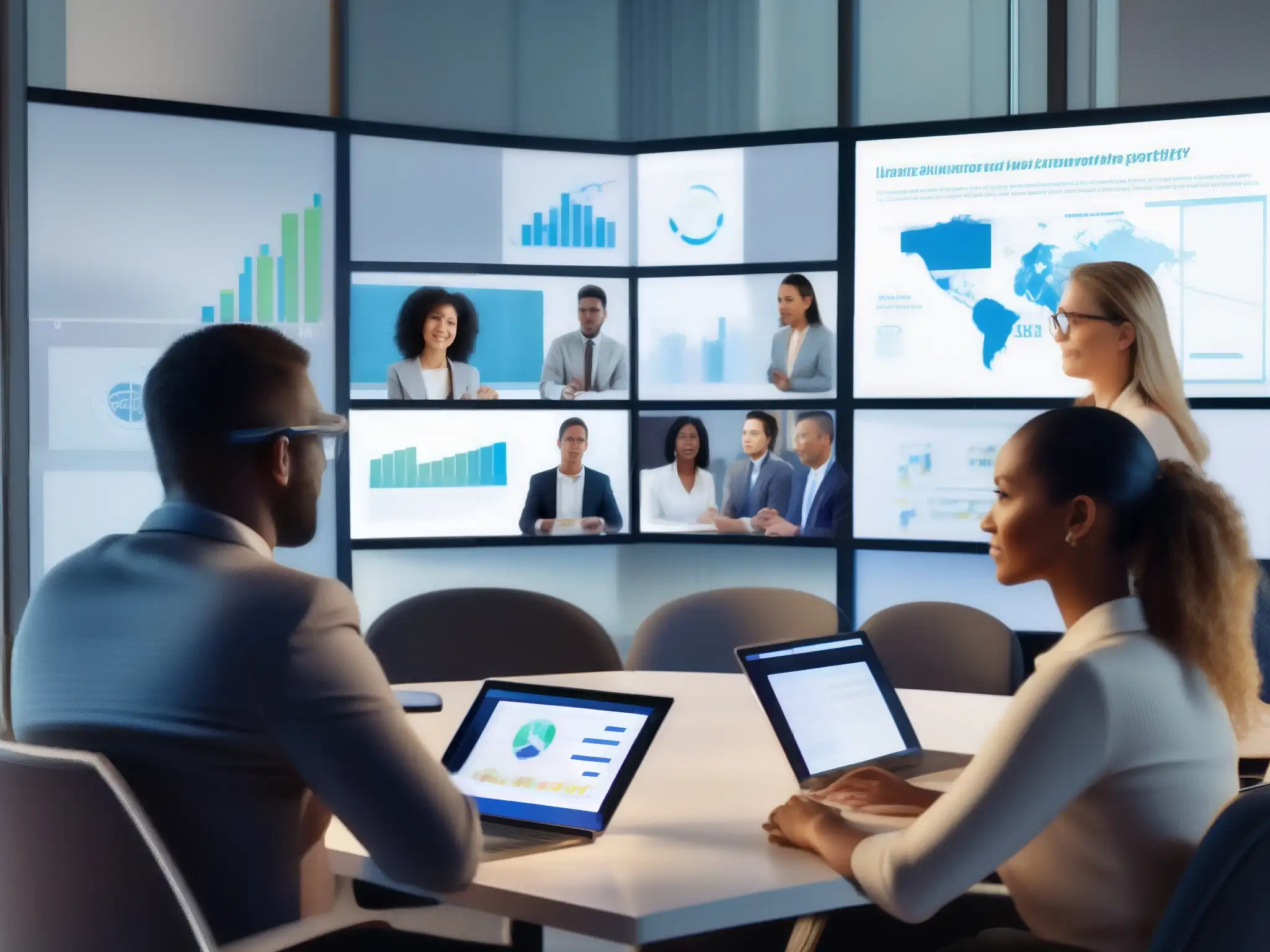 Reunión virtual dinámica de profesionales: colaboración e innovación Profesionales diversificados participando activamente en una reunión virtual para mejorar la participación en reuniones virtuales
