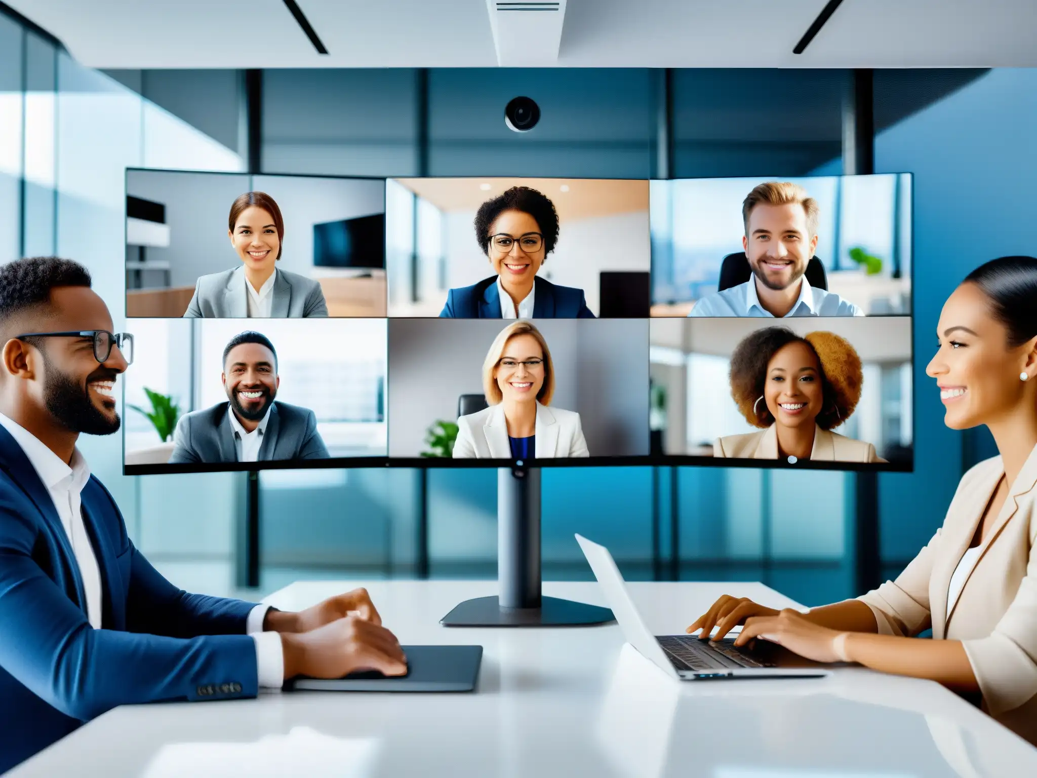 Videoconferencia de profesionales: colaboración diversa en línea Profesionales diversificados participan activamente en una reunión virtual, en un entorno moderno y colaborativo