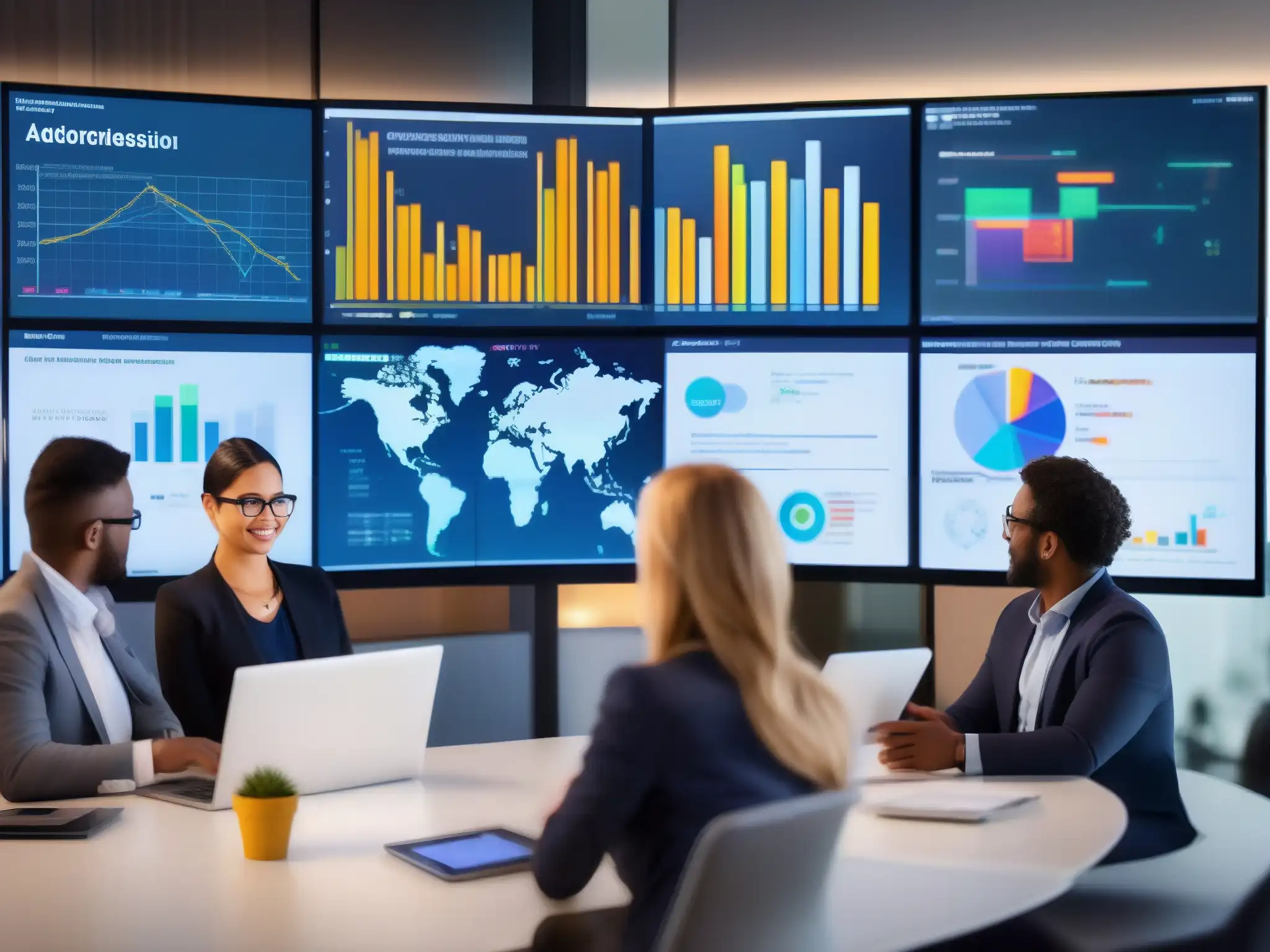 Reunión virtual con datos y análisis en tiempo real Profesionales diversificados en reunión virtual, integrando automatización y análisis de datos para colaboración eficiente