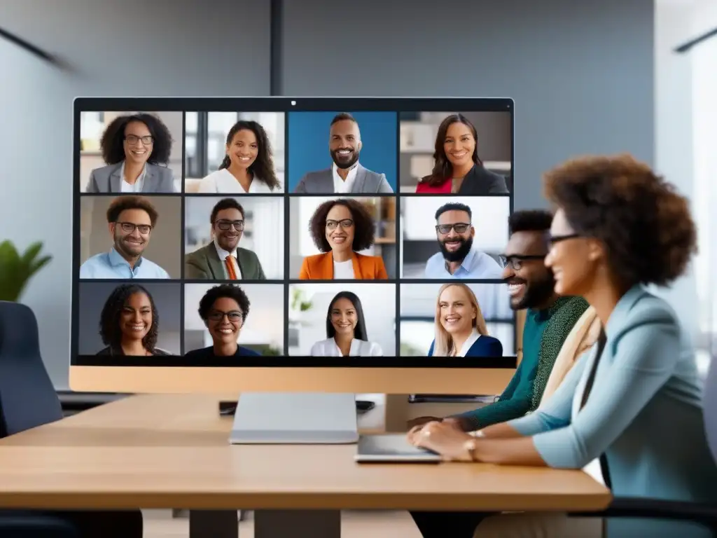 Comparación detallada de videoconferencias profesionales Profesionales diversificados en videoconferencia comparan Google Meet con Zoom, Teams y Skype