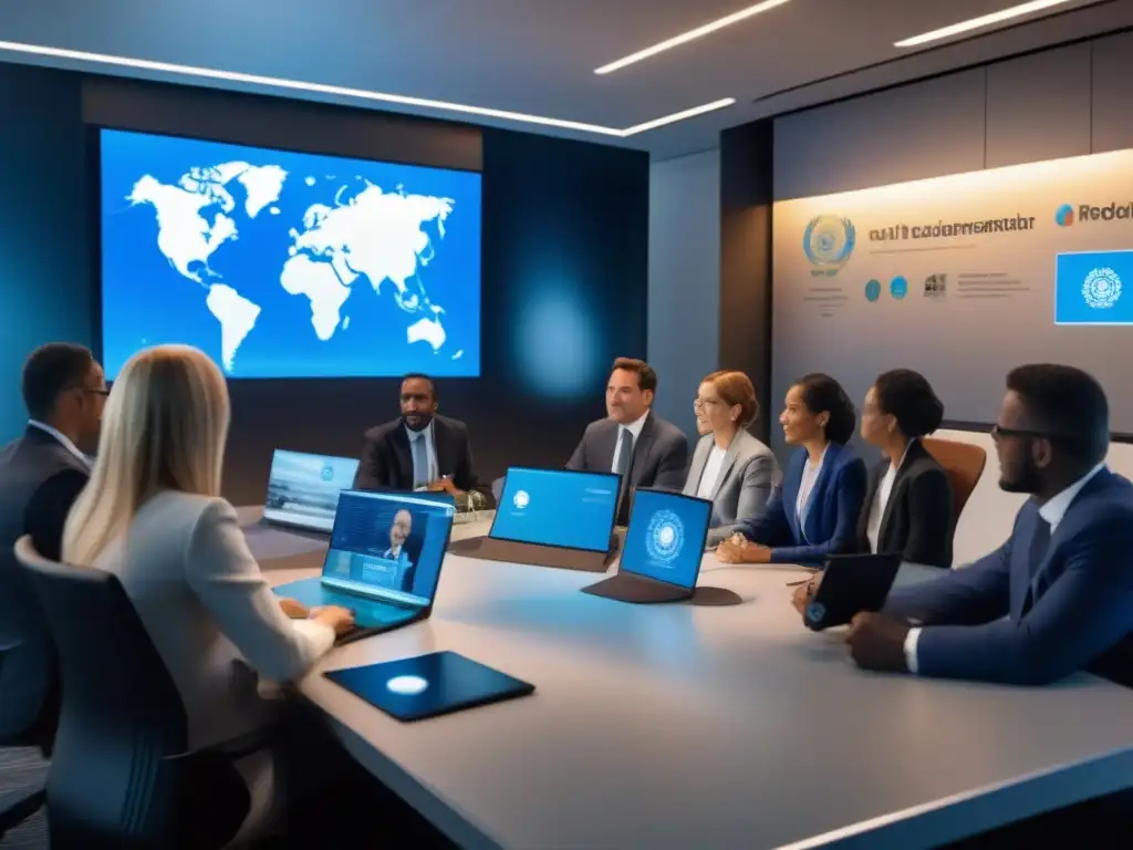 Profesionales globales unidos en videoconferencia para la Agenda 2030 Profesionales diversificados en videoconferencia, estrategizando para apoyar Agenda 2030