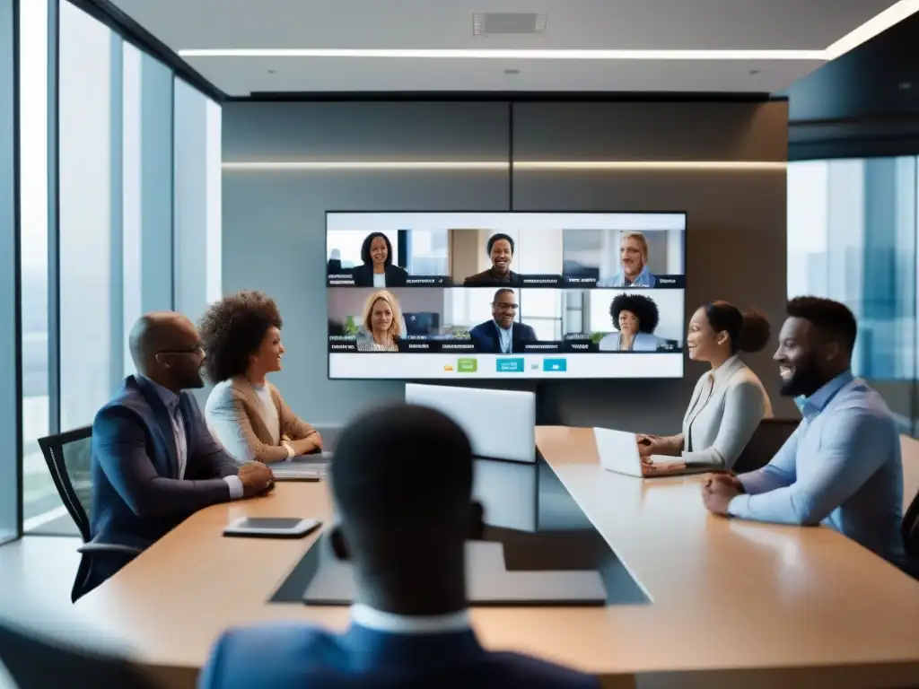 Conferencia virtual de profesionales: colaboración sin límites Profesionales diversificados participan en una videoconferencia de alta calidad en una oficina moderna con luz natural