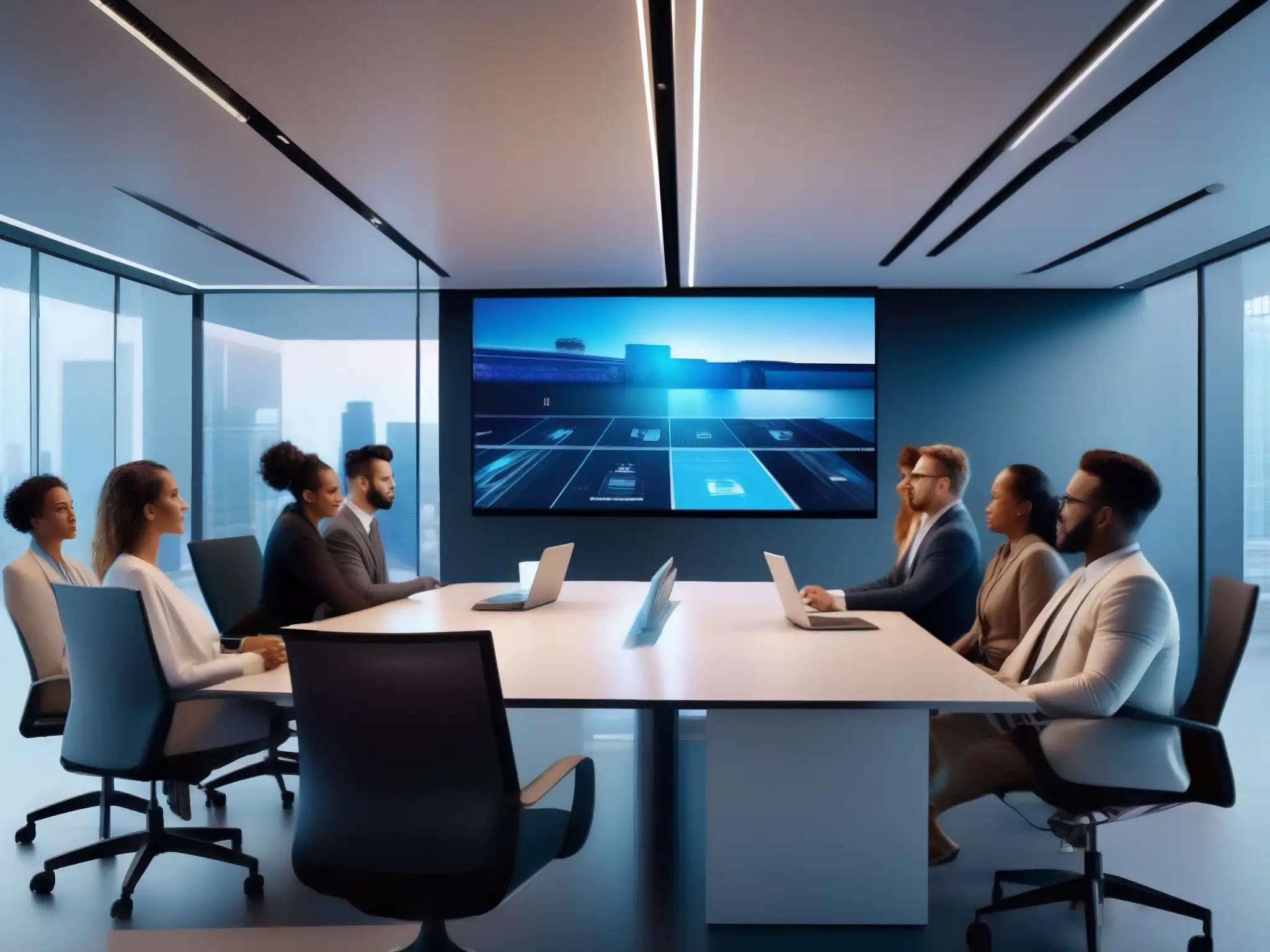 Profesionales comprometidos en videoconferencia 8k Profesionales diversificados en una videoconferencia de alta tecnología, enfocados y comprometidos