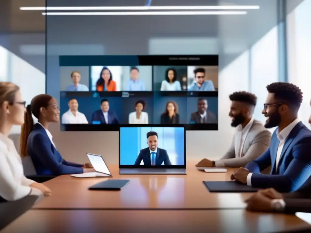 Conferencia virtual de alta tecnología con IA avanzada Profesionales diversificados participan en videoconferencia de alta tecnología, con funciones avanzadas de IA