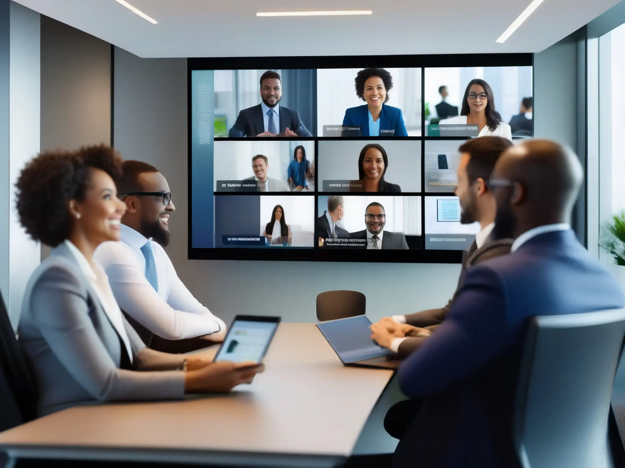Reunión virtual de profesionales con backgrounds representativos Profesionales diversificados en videoconferencia, con backgrounds virtuales representando varios sectores