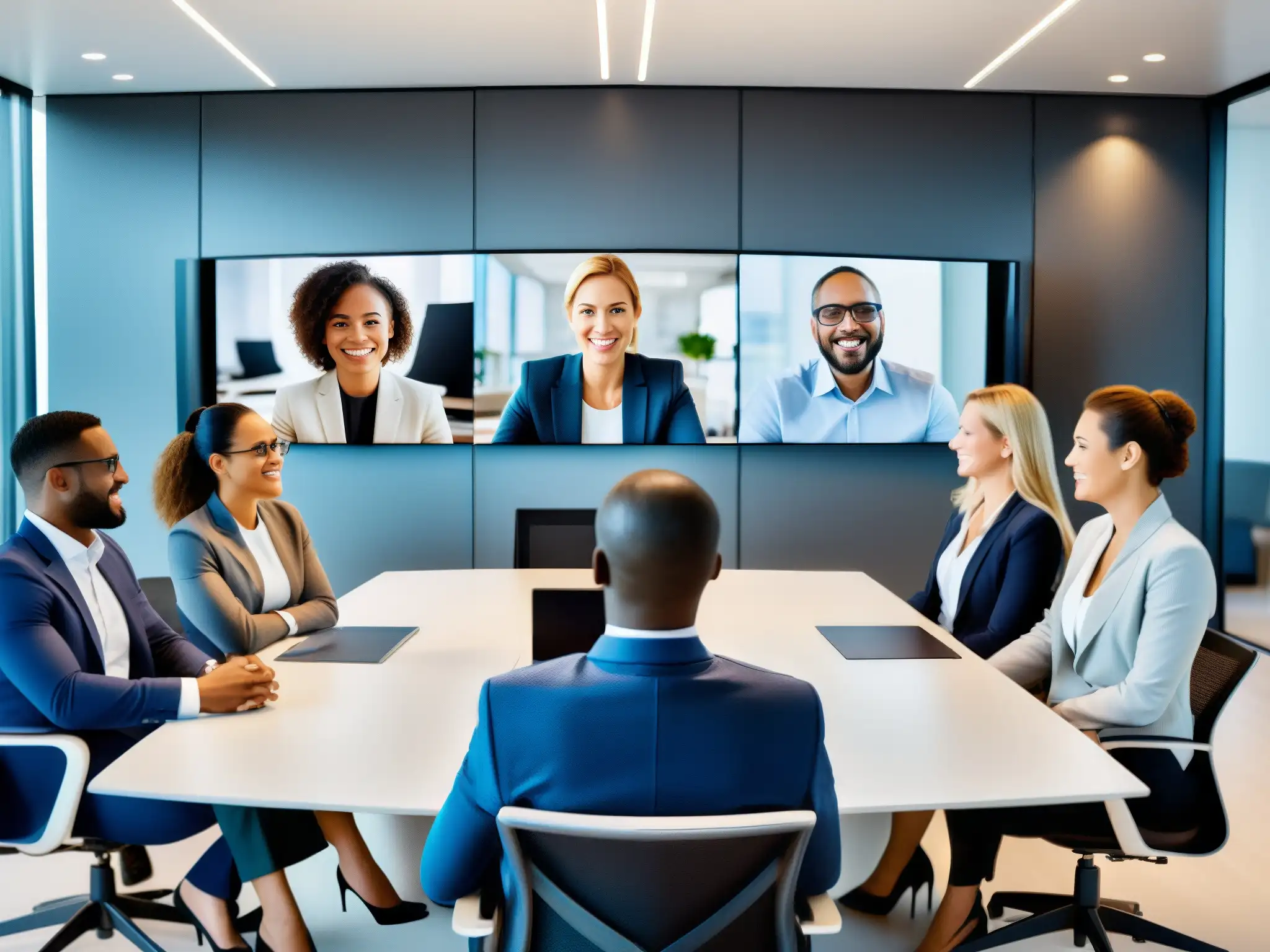 Profesionales en videoconferencia: colaboración eficiente Profesionales diversificados en una videoconferencia, transmitiendo colaboración y eficiencia
