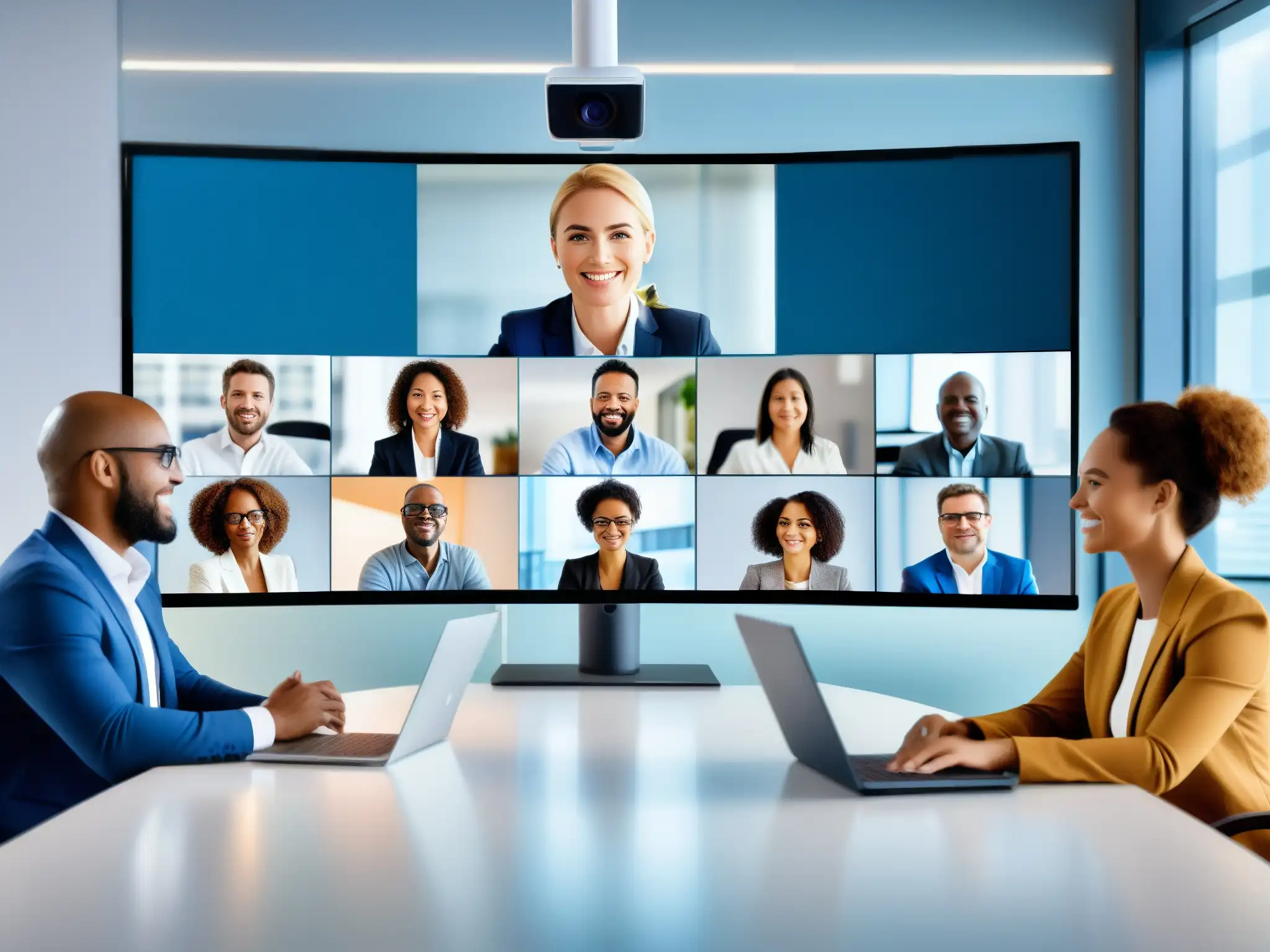 Reunión virtual de profesionales: colaboración y eficiencia Profesionales diversificados en una videoconferencia colaborativa, destacando la eficiencia y responsabilidad corporativa