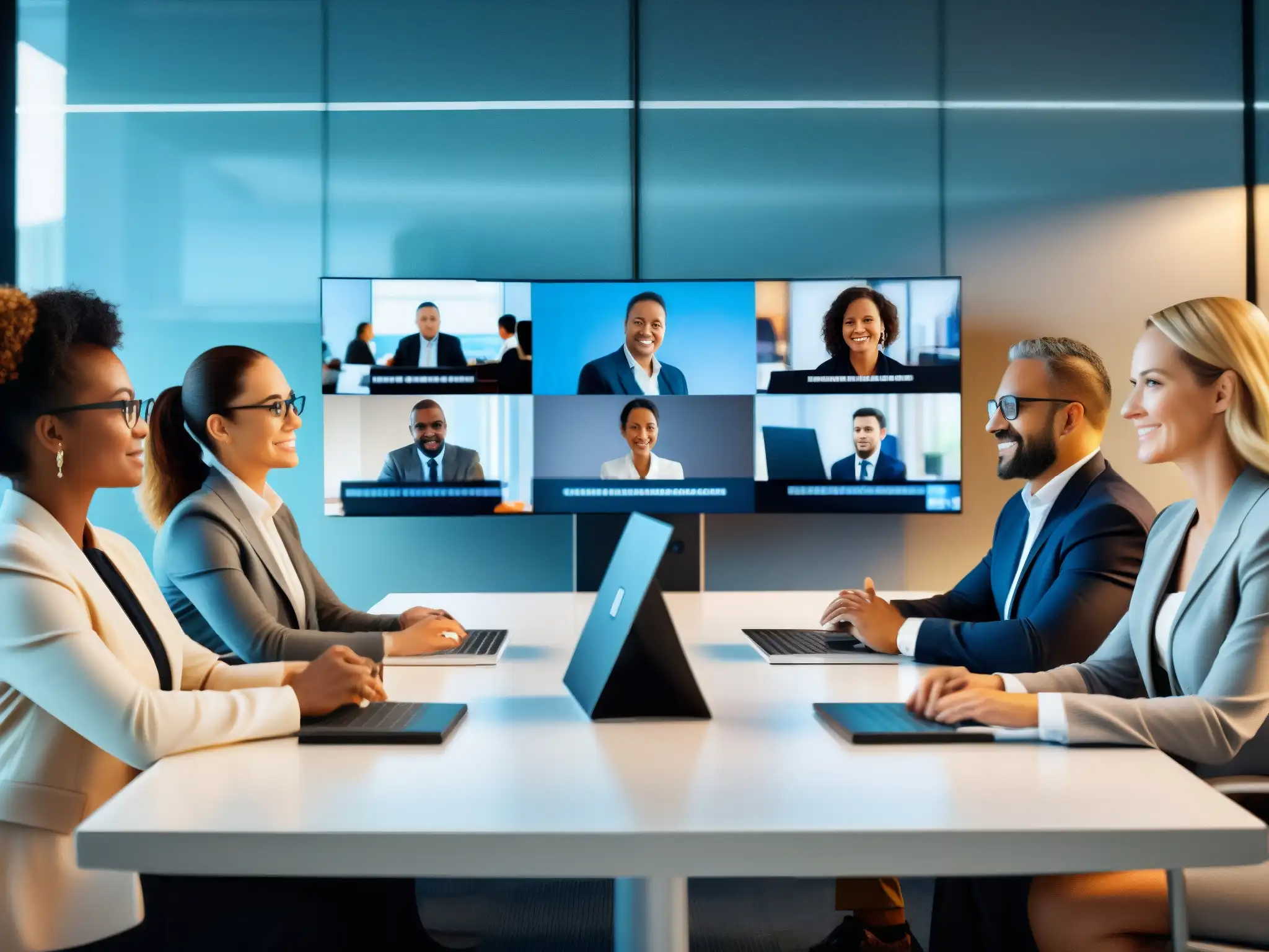 Profesionales en videoconferencia: colaboración eficaz Profesionales diversificados se reúnen en una videoconferencia, demostrando confianza y colaboración