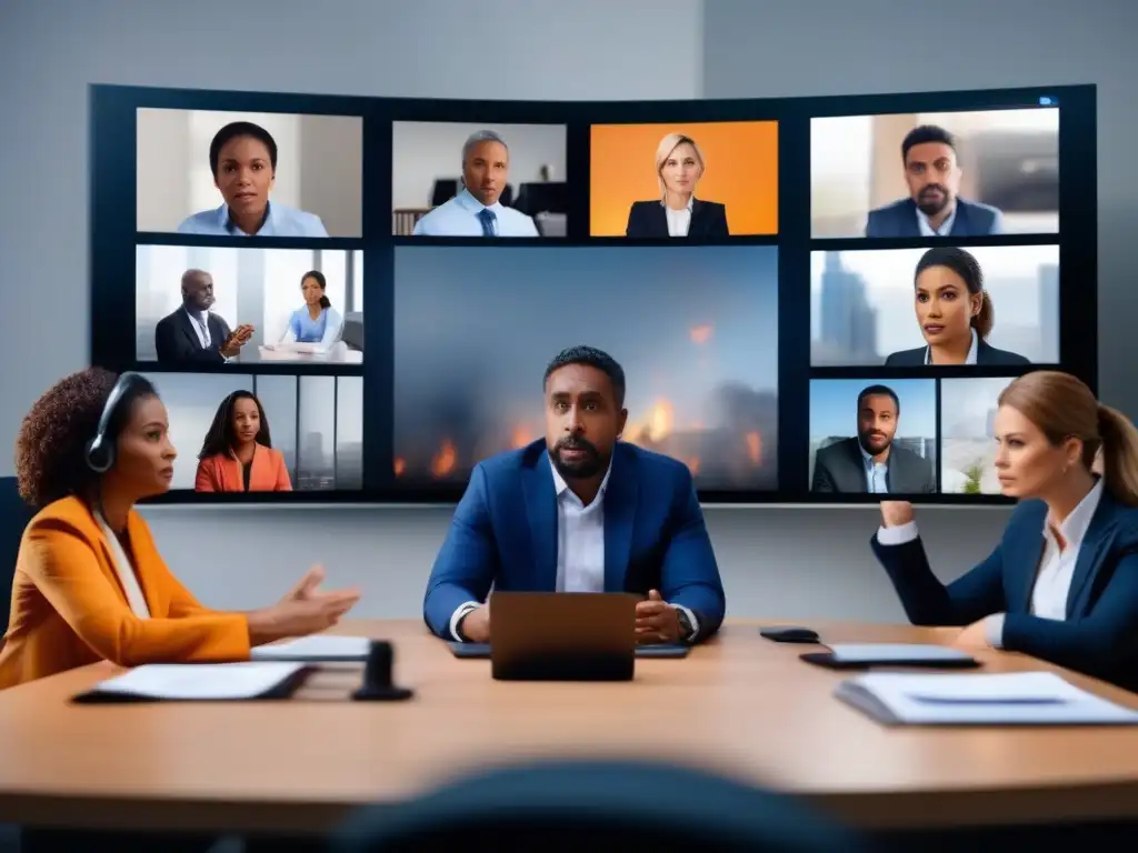 Profesionales en videoconferencia ante crisis Profesionales diversificados en videoconferencia, abordando una crisis con determinación