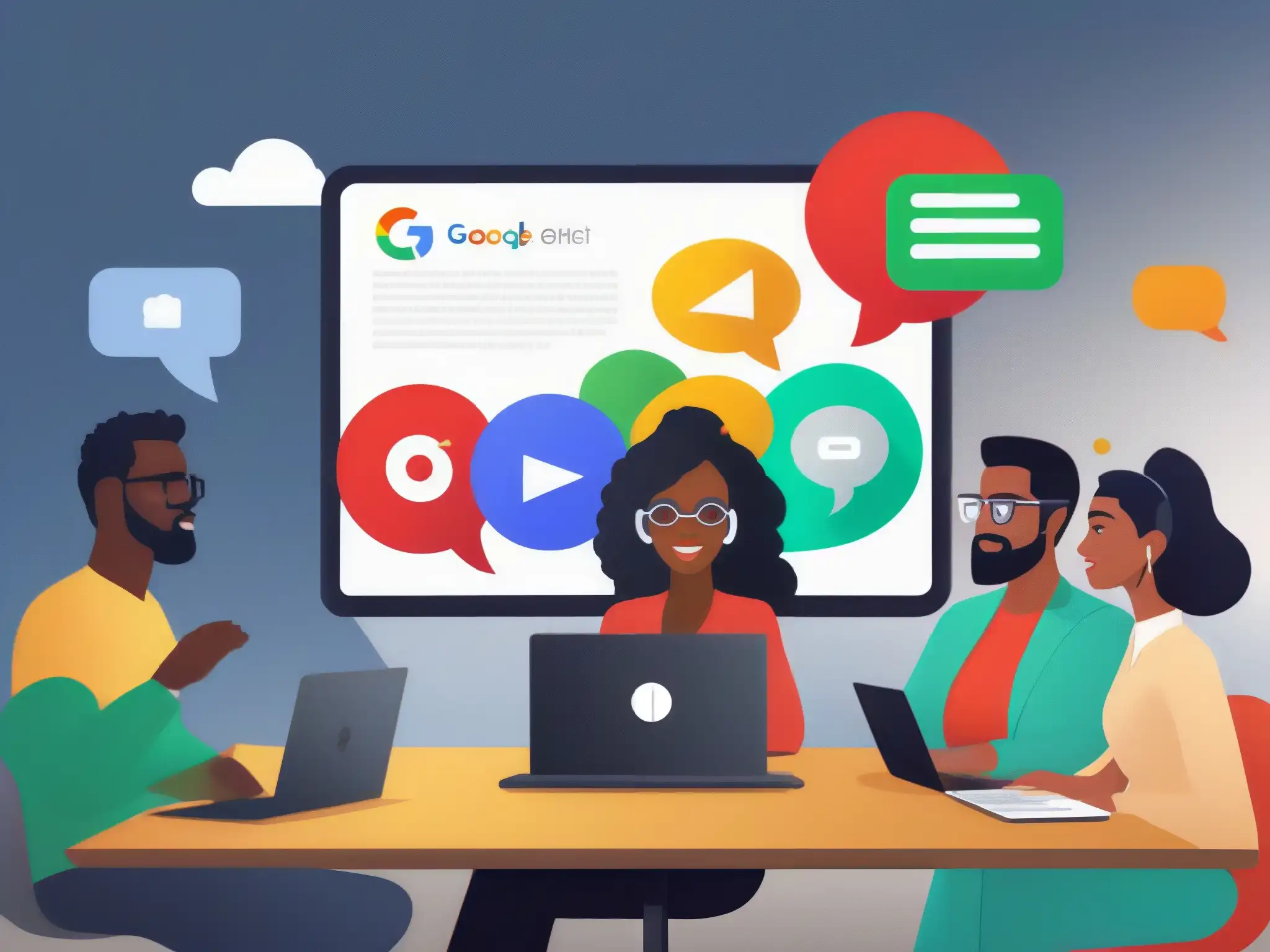 Profesionales y educadores diversificados con herramientas Google Meet Profesionales diversificados en una videoconferencia dinámica con complementos de Google Meet