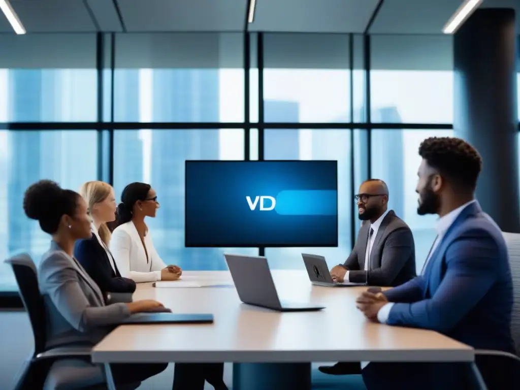 Profesionales en videoconferencia: seguridad y colaboración Profesionales diversificados en videoconferencia, implementando efectiva seguridad en moderno entorno de oficina