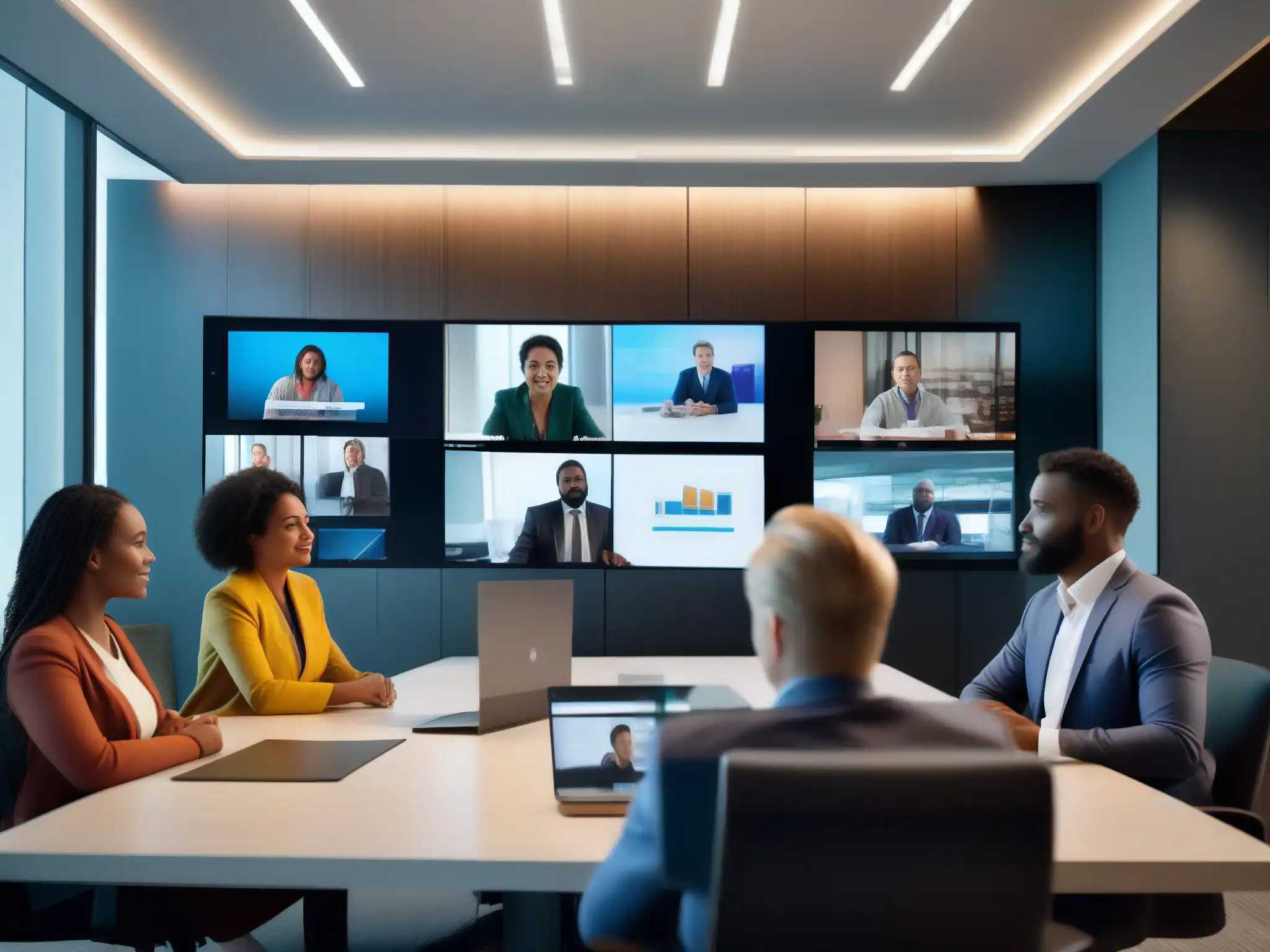 Reunión virtual de profesionales colaborativos Profesionales diversificados participan en videoconferencia, enfocados en seguridad postreunión videoconferencias