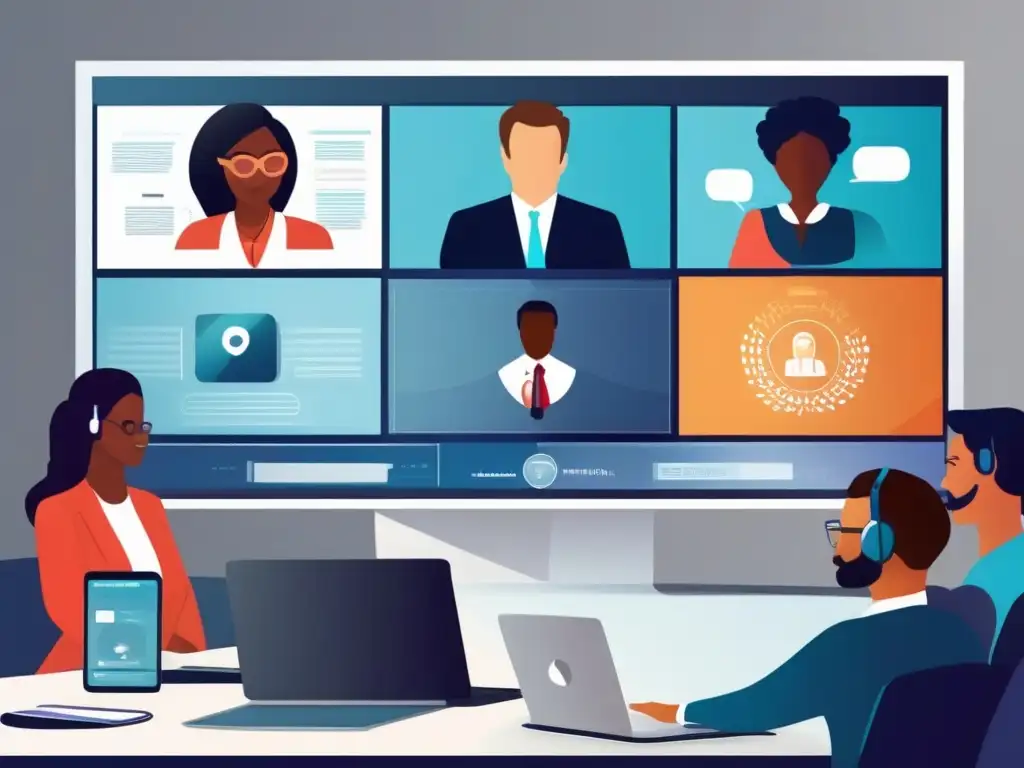 Conferencia virtual sobre derechos de propiedad intelectual Profesionales diversificados en una videoconferencia, con enfoque en regulación de contenidos en videoconferencias