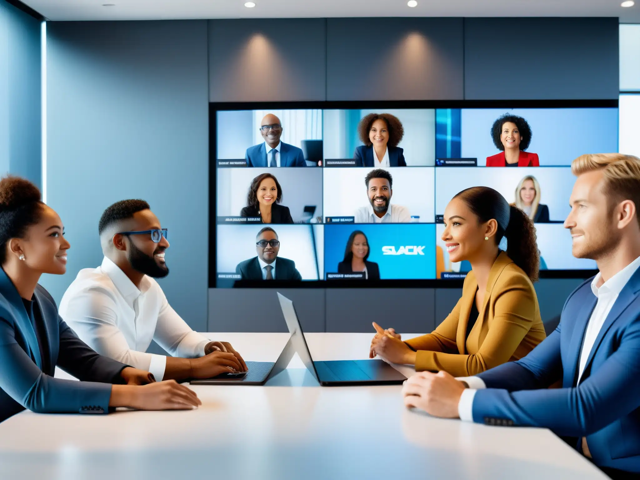 Profesionales diversificados en videoconferencia innovadora 'Profesionales diversificados en videoconferencia, colaborando intensamente en un entorno futurista