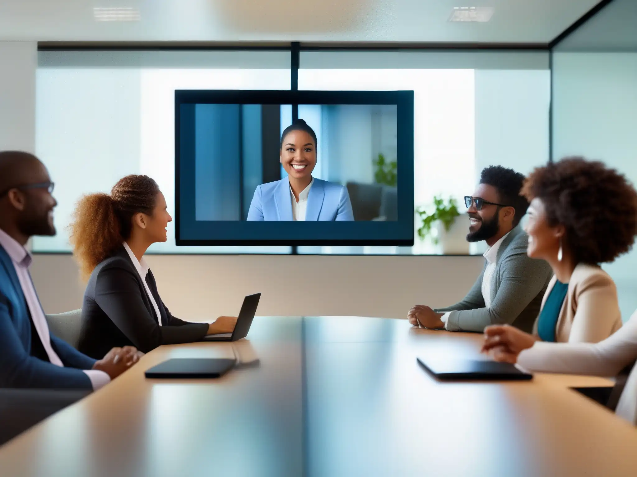 Conferencia virtual de profesionales diversos en sala luminosa Profesionales diversificados en una videoconferencia, con equilibrio, seguridad y usabilidad en una moderna sala llena de luz natural