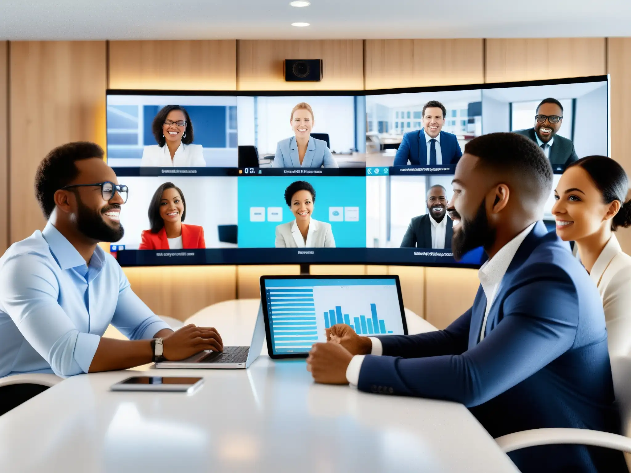 Profesionales en videoconferencia: colaboración dinámica Profesionales diversificados en videoconferencia, discuten estrategias monetización API