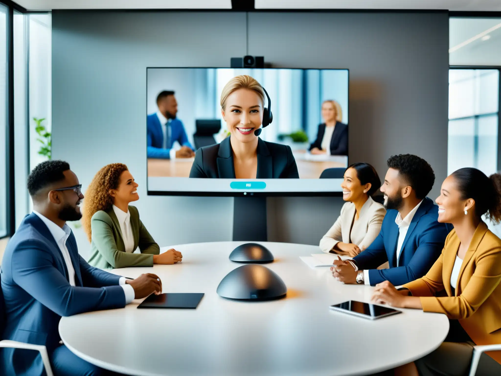 Conferencia global: profesionales colaborando en tiempo real Profesionales diversificados en una videoconferencia global, integrando tecnología y negocios en un espacio moderno