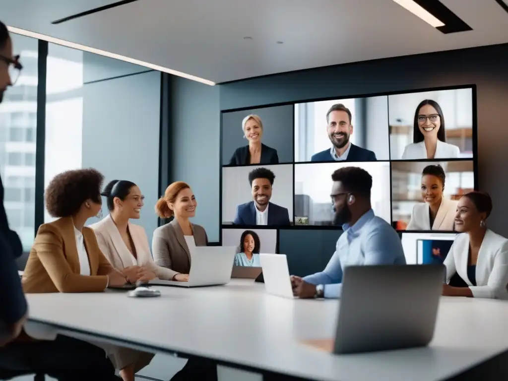 Profesionales en videoconferencia con traducción AI en oficina moderna Profesionales diversificados en videoconferencia con herramientas de traducción AI en pantalla, en un entorno moderno