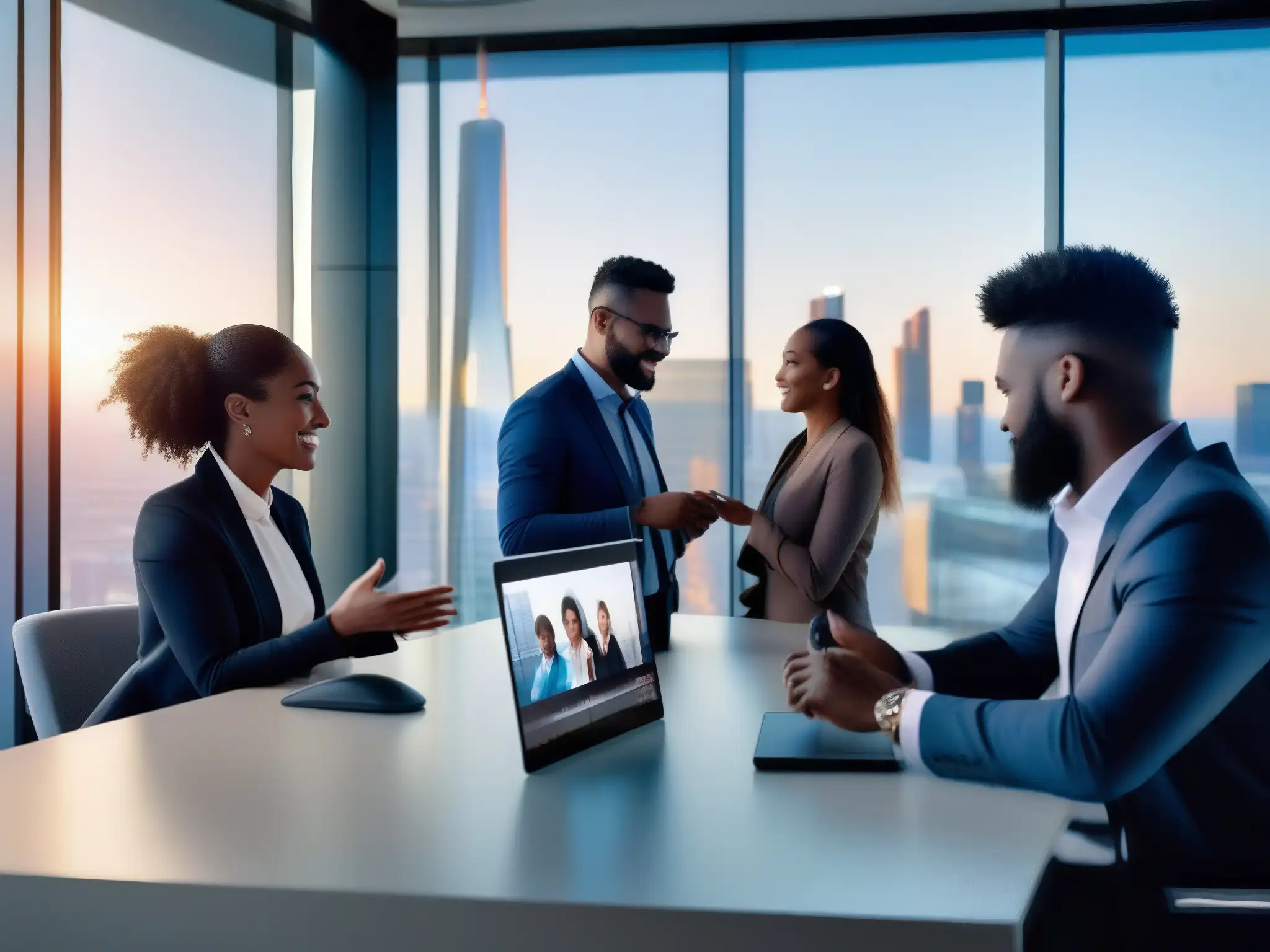 Profesionales diversificados en videoconferencia de alta tecnología Profesionales diversificados en videoconferencia, intercambiando ideas en un entorno futurista