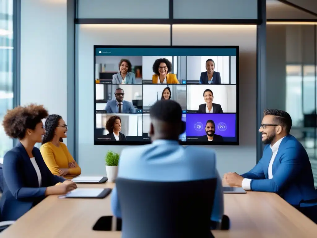 Profesionales colaboran en videoconferencia con software moderno Profesionales diversificados colaboran en una videoconferencia, destacando la importancia de API abiertas en un entorno dinámico y vibrante