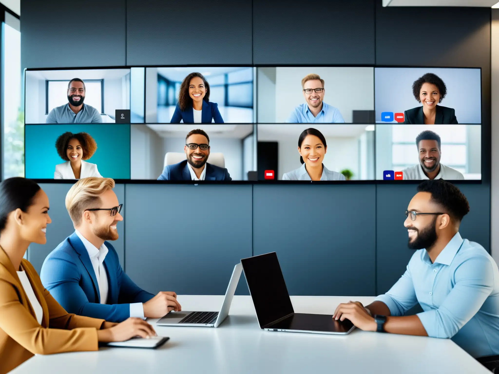 Profesionales colaborando en videoconferencia futurista Profesionales diversificados participan en una videoconferencia, resaltando la importancia de la compatibilidad de software en videoconferencia