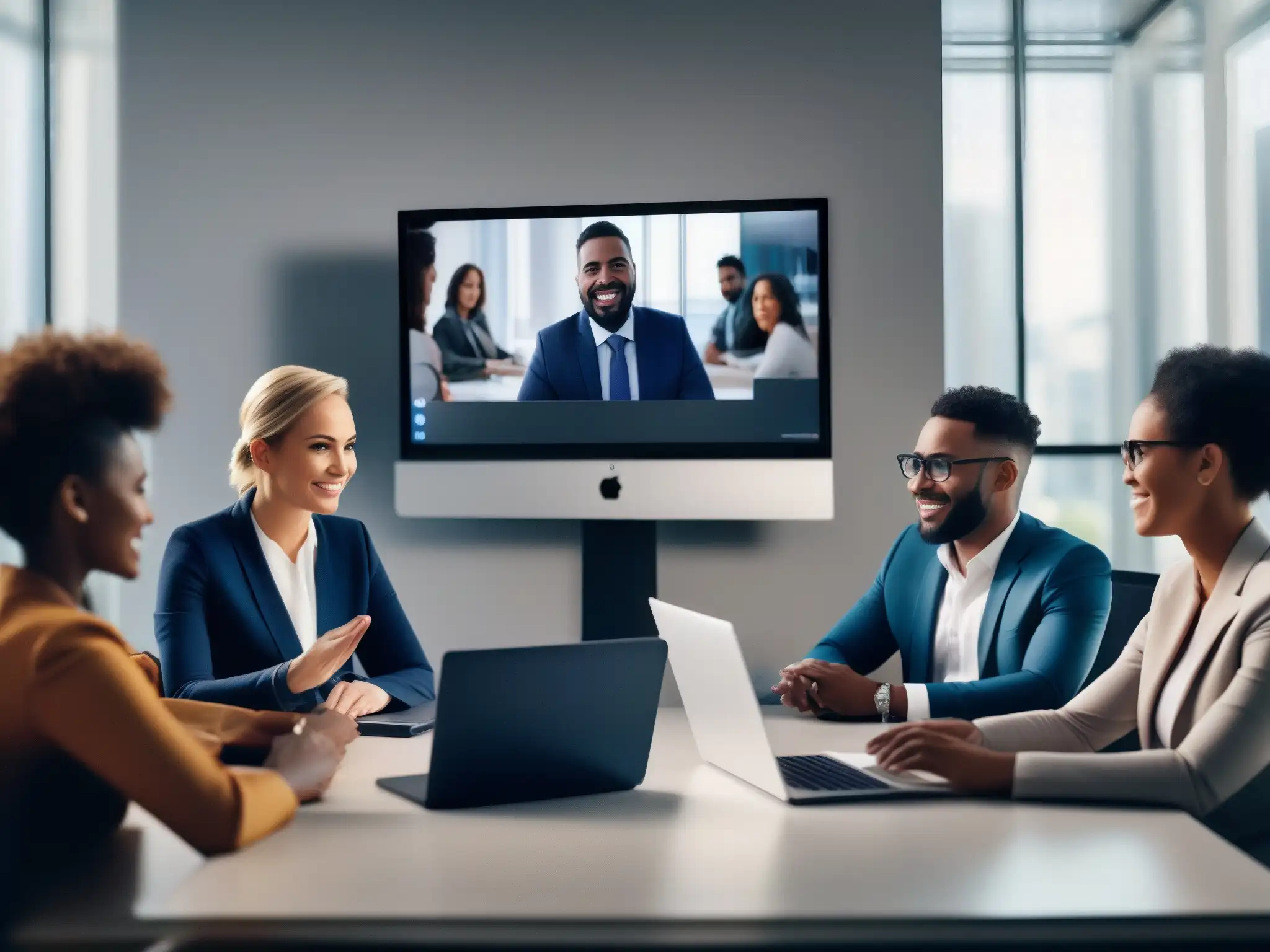 Reunión virtual de profesionales: colaboración diversa y segura Profesionales diversificados en videoconferencia, destacando la importancia de políticas de privacidad en herramientas de videoconferencia