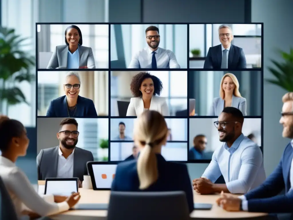Equipo diverso en videoconferencia: innovación y colaboración ágil Profesionales diversificados en videoconferencia, utilizando Metodologías Ágiles en Videoconferencias para colaborar de forma dinámica y eficiente